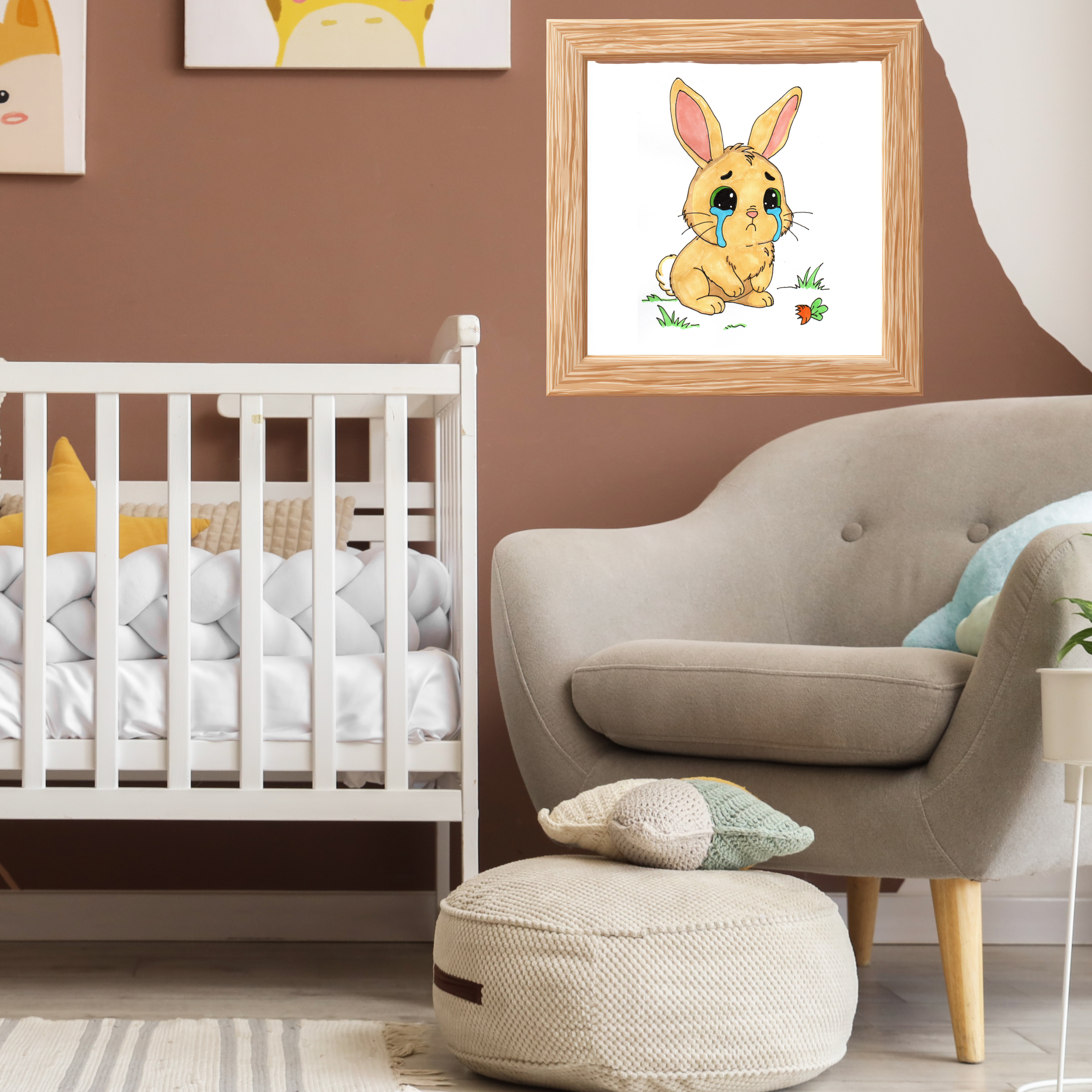 Sad Rabbit ate her last carrot, Poster, Nursery Wall Art, Cute Animal Illustration Print