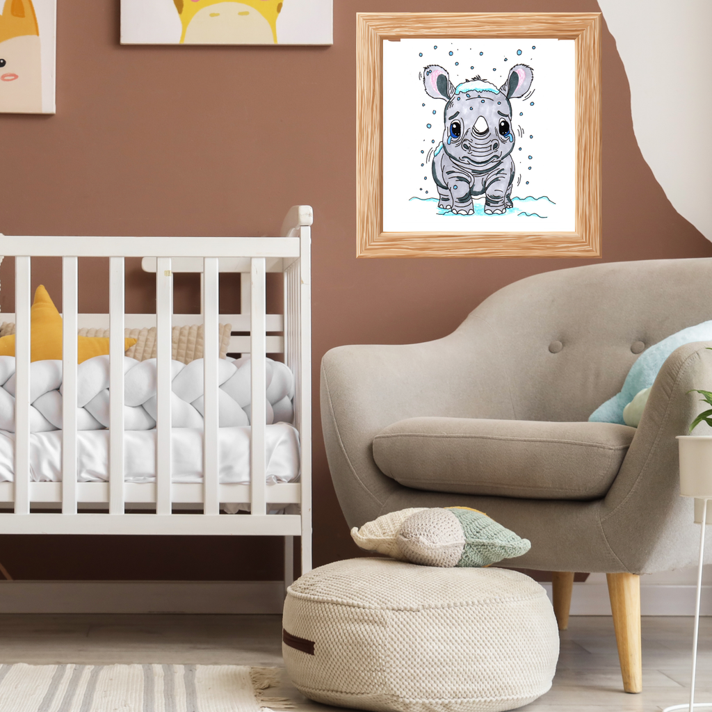 Sad Rhino in the Snow Poster, Nursery Wall Art, Cute Animal Illustration Print