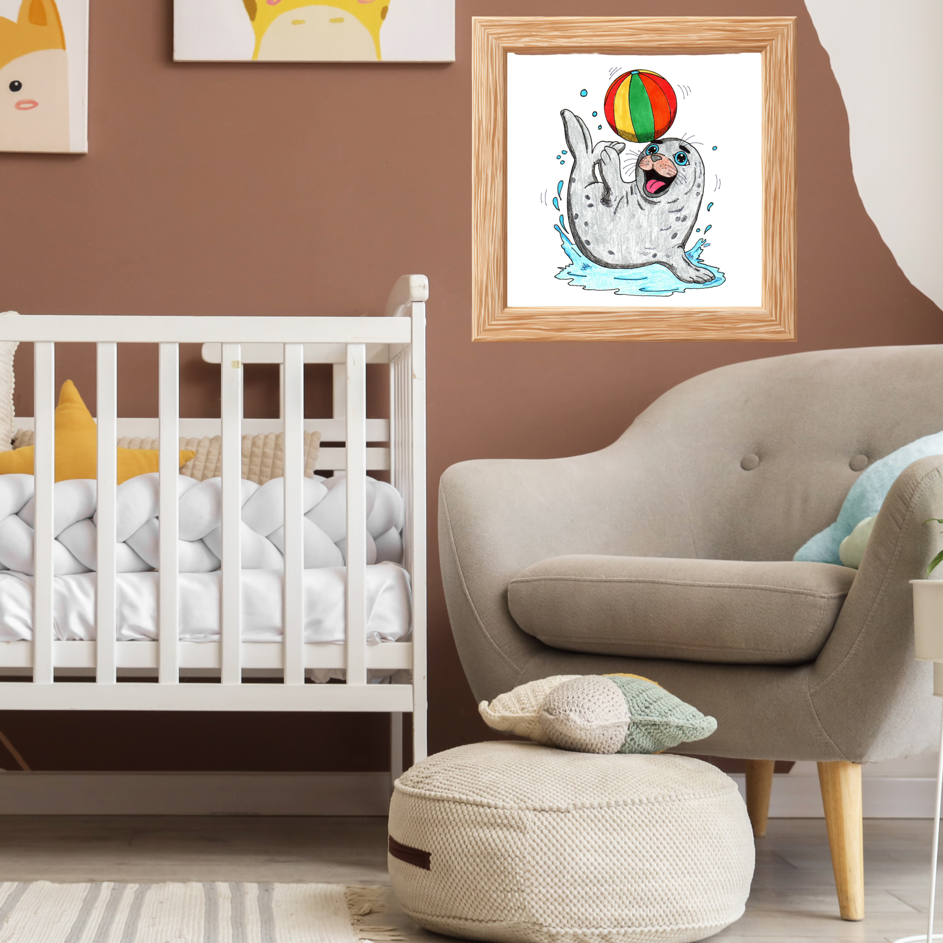 Seal Found Her Beach Ball Print | Hand Drawn Ocean Animal Wall Art | Happy Seal Illustration