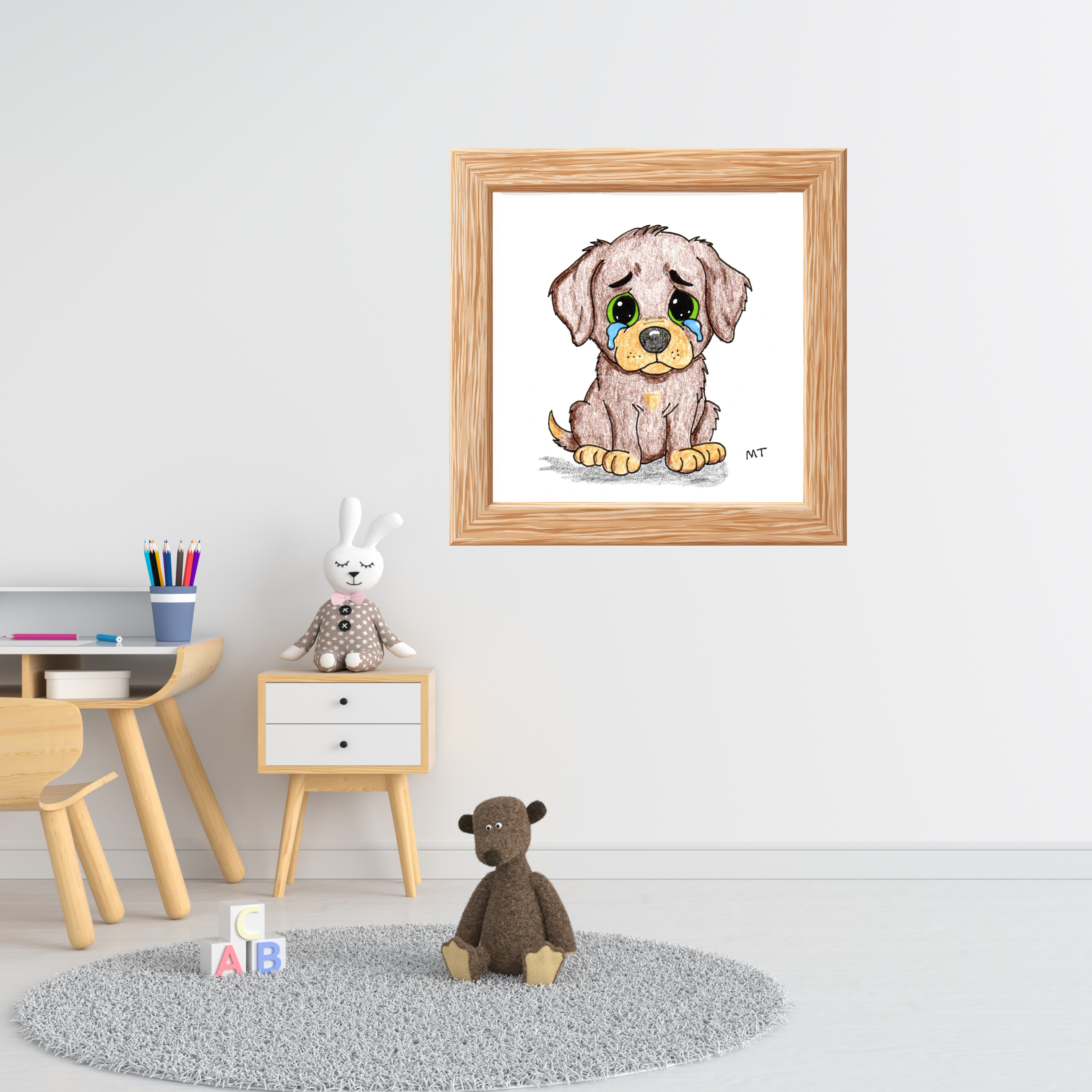Sad Puppy Wall Art Print, Hand Drawn Dog Illustration, Lost Bone Puppy, Nursery Decor, Kids Room Art