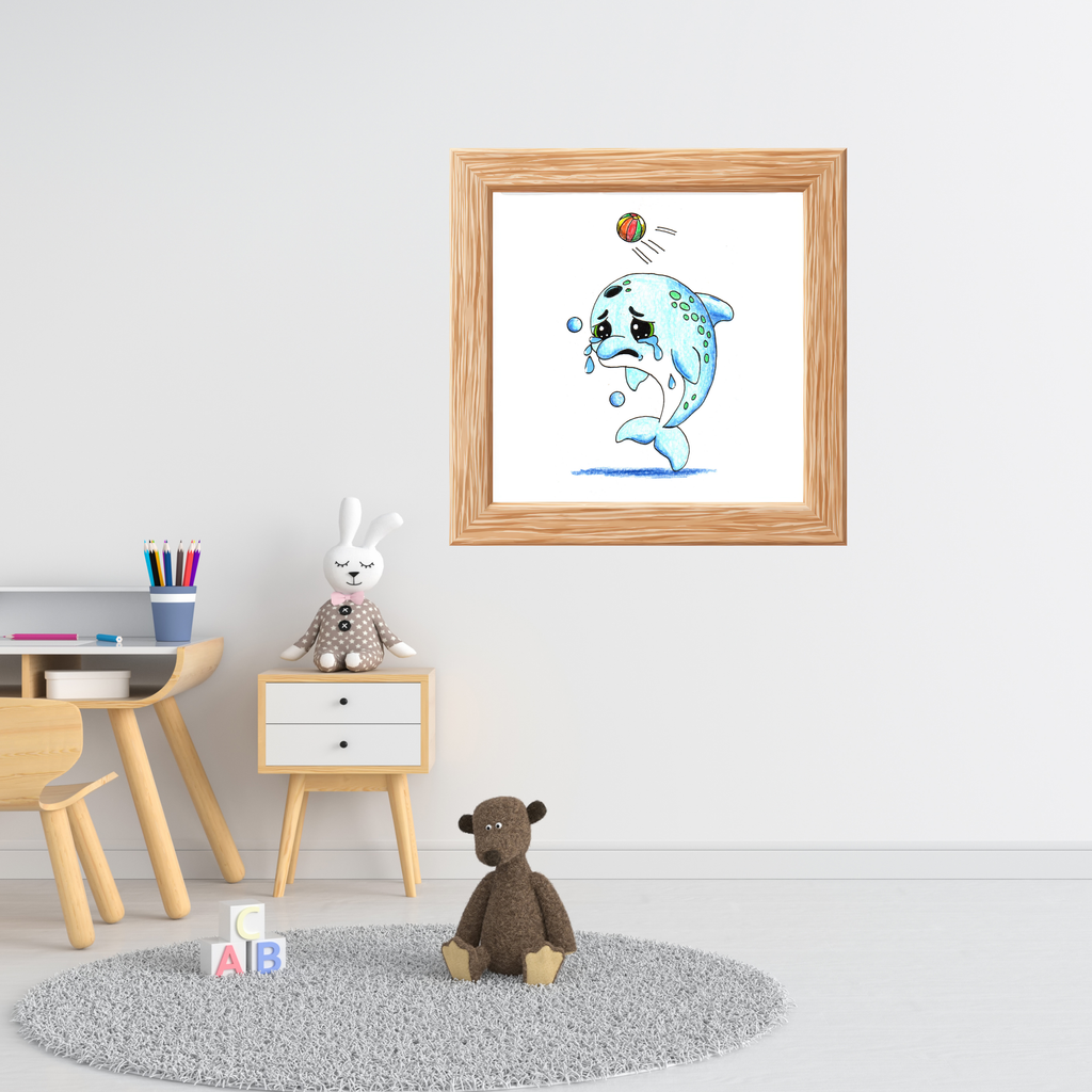 Sad Dolphin Lost Her Beach Ball Print, Hand Drawn Dolphin Wall Art, Ocean Nursery Decor, Cute Sea Animal Illustration