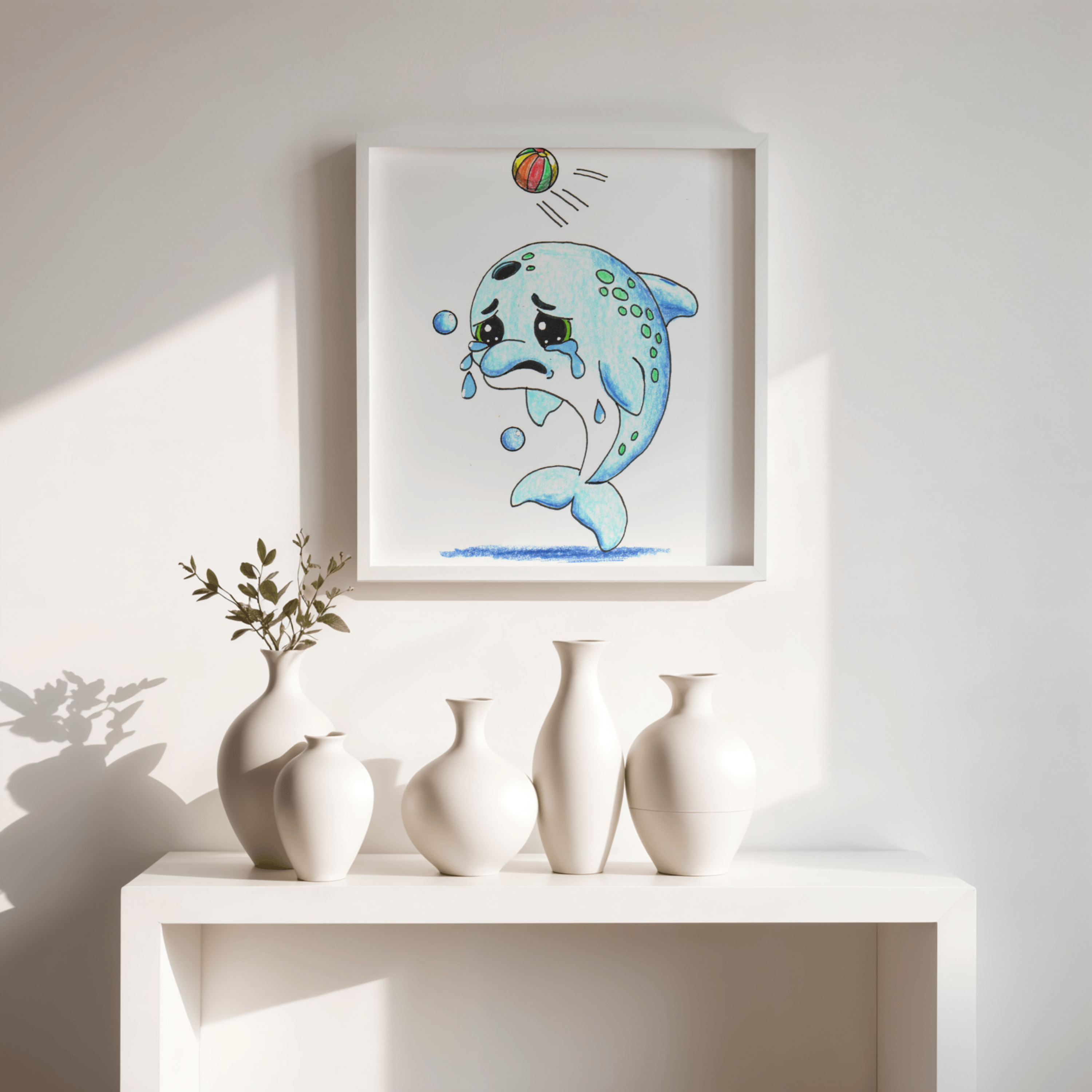 Sad Dolphin Lost Her Beach Ball Print, Hand Drawn Dolphin Wall Art, Ocean Nursery Decor, Cute Sea Animal Illustration