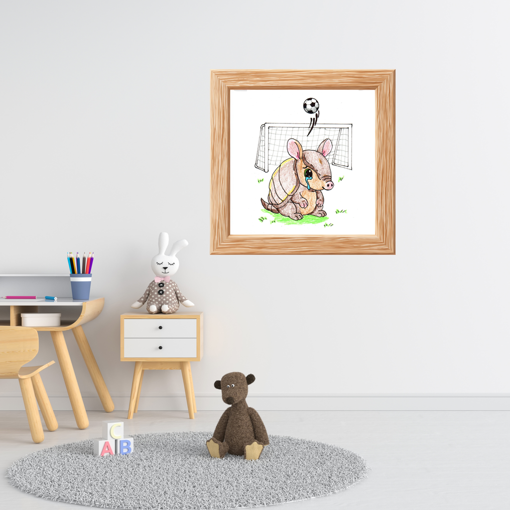 Sad Armadillo Soccer Print, Hand Drawn Lost and Found Critter Wall Art,