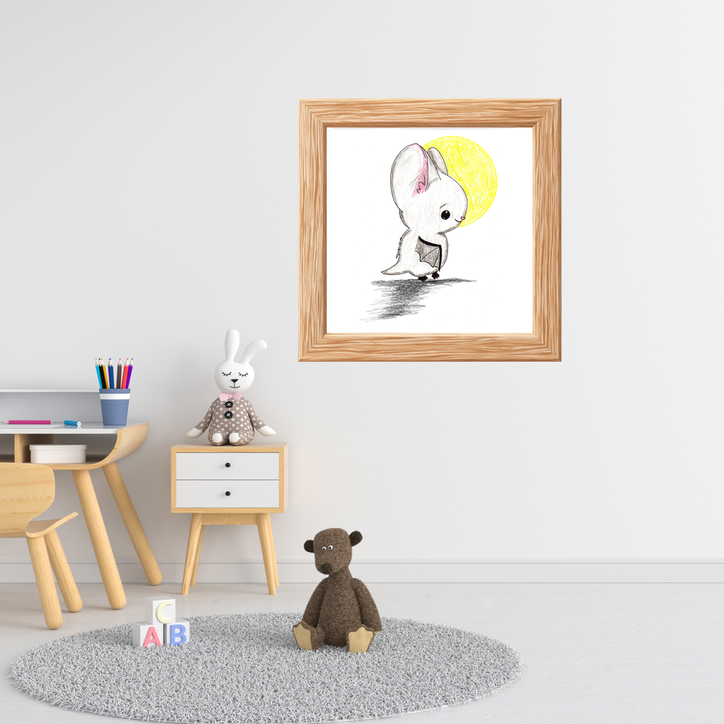 Bat in Moonlight Print, Cute Bat Wall Art, Hand Drawn Nursery Decor, Whimsical Animal Illustration