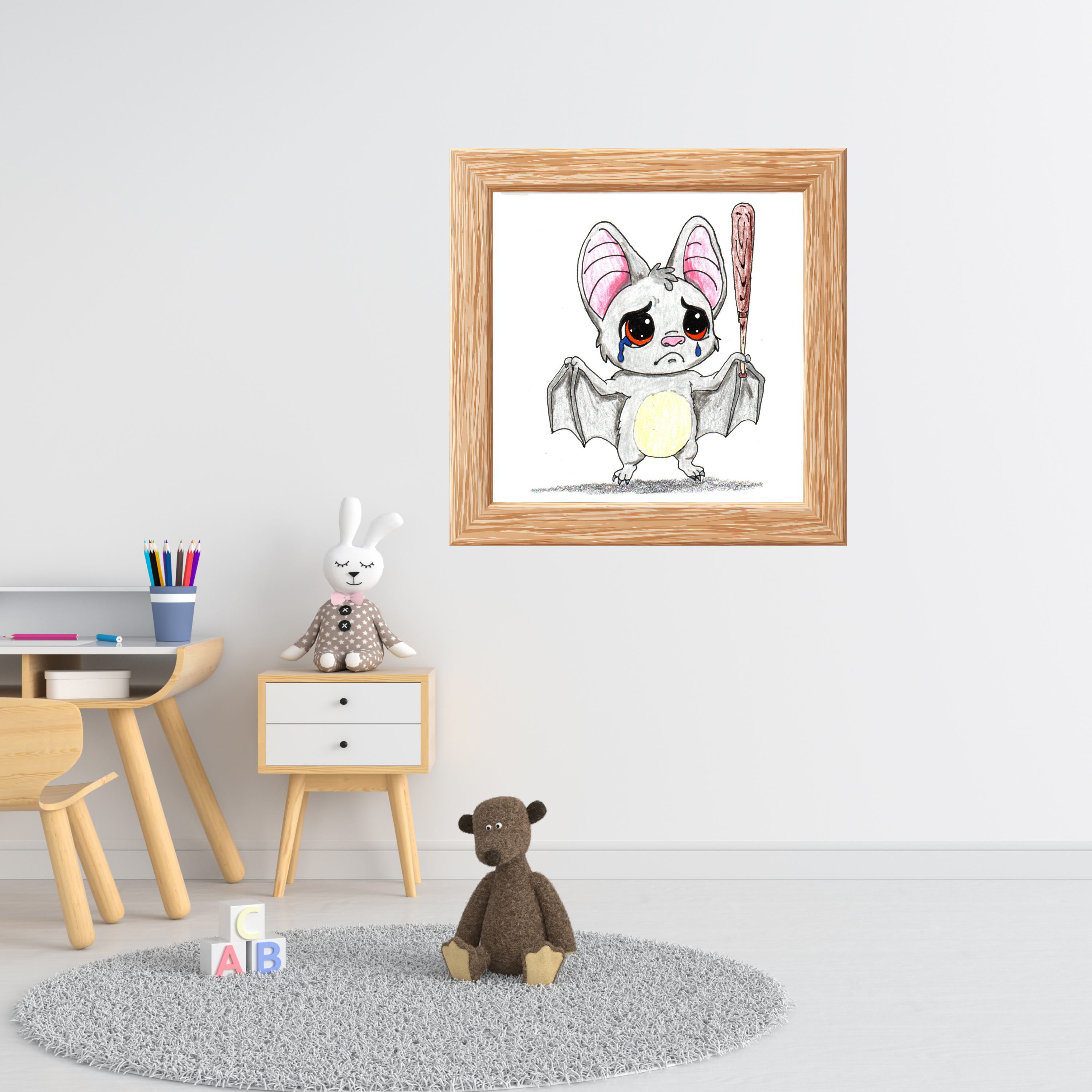 Lost His Baseball Bat Print | Sad Bat Wall Art | Lost & Found Critter 8x10 Print