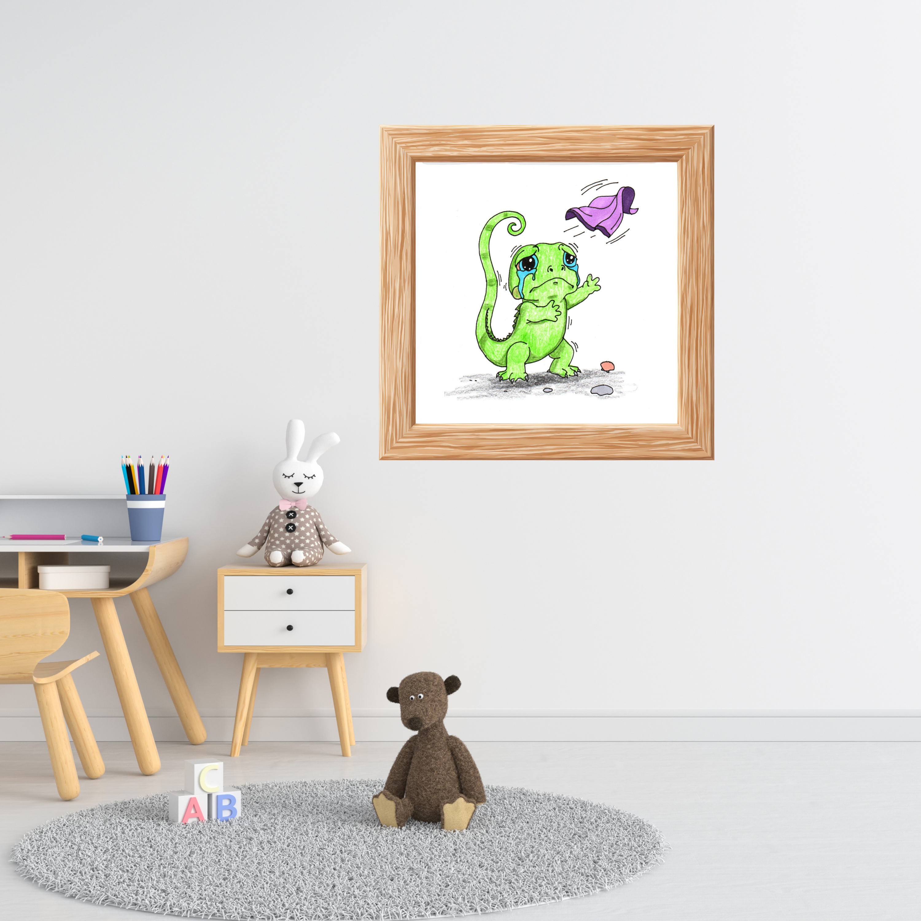 Sad Lizard Blanket Story Print, Hand Drawn Nursery Wall Art