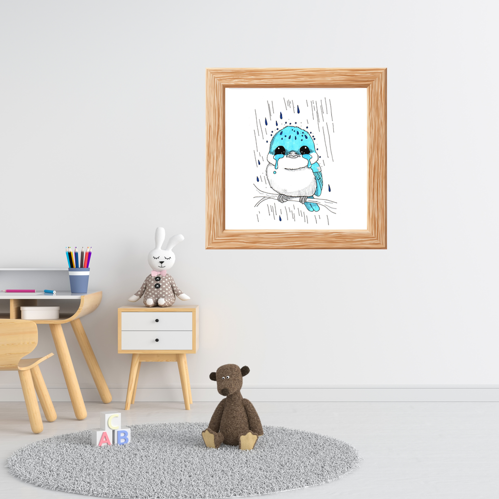 Sad Bluebird in the Rain Poster, Nursery Wall Art, Cute Animal Illustration Print