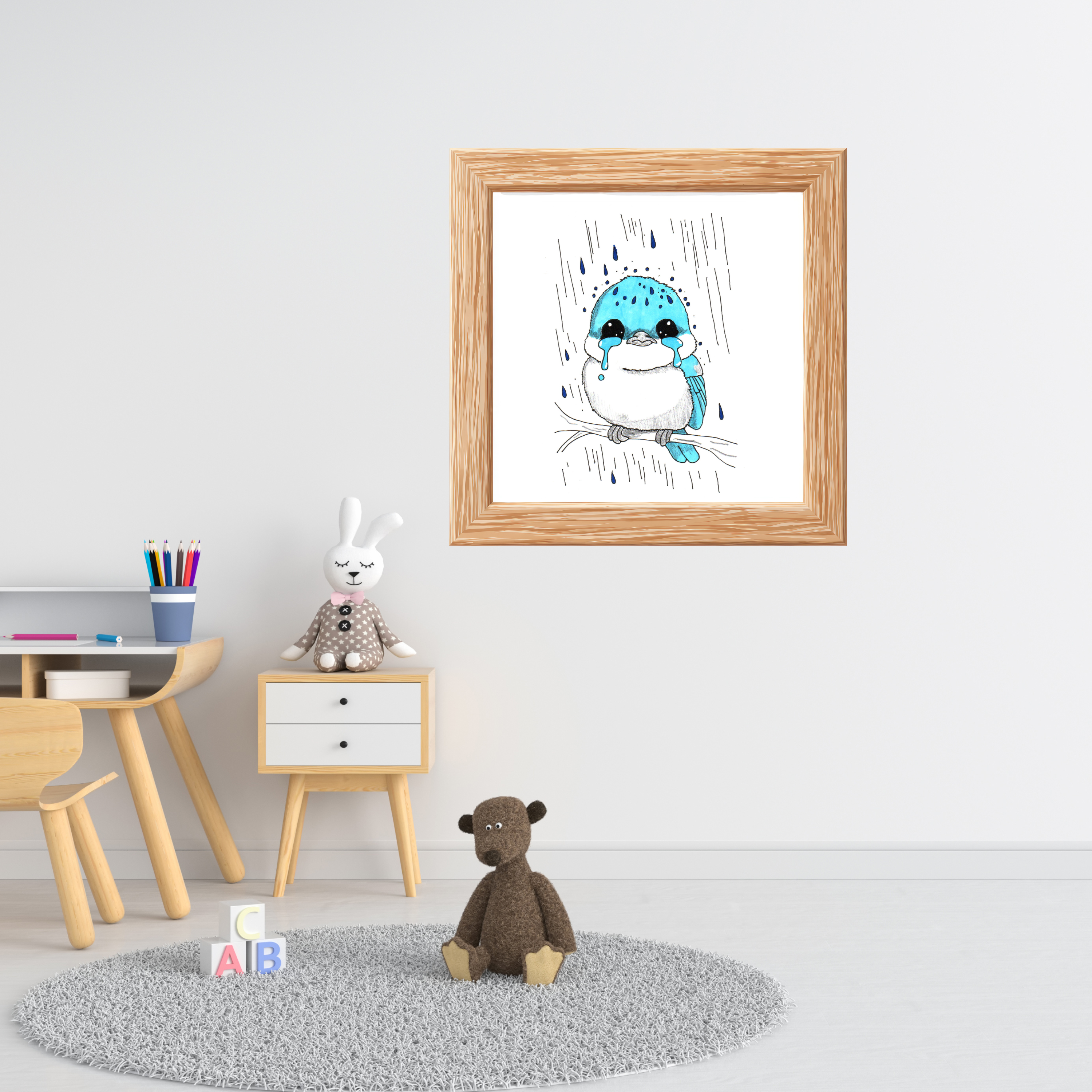 Sad Bluebird in the Rain Poster, Nursery Wall Art, Cute Animal Illustration Print