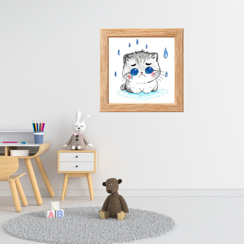Blue Eyed Kitten in Rain Print, Hand Drawn Cat Wall Art, Sad Kitten Illustration, Nursery Decor, Cat Lover Gift