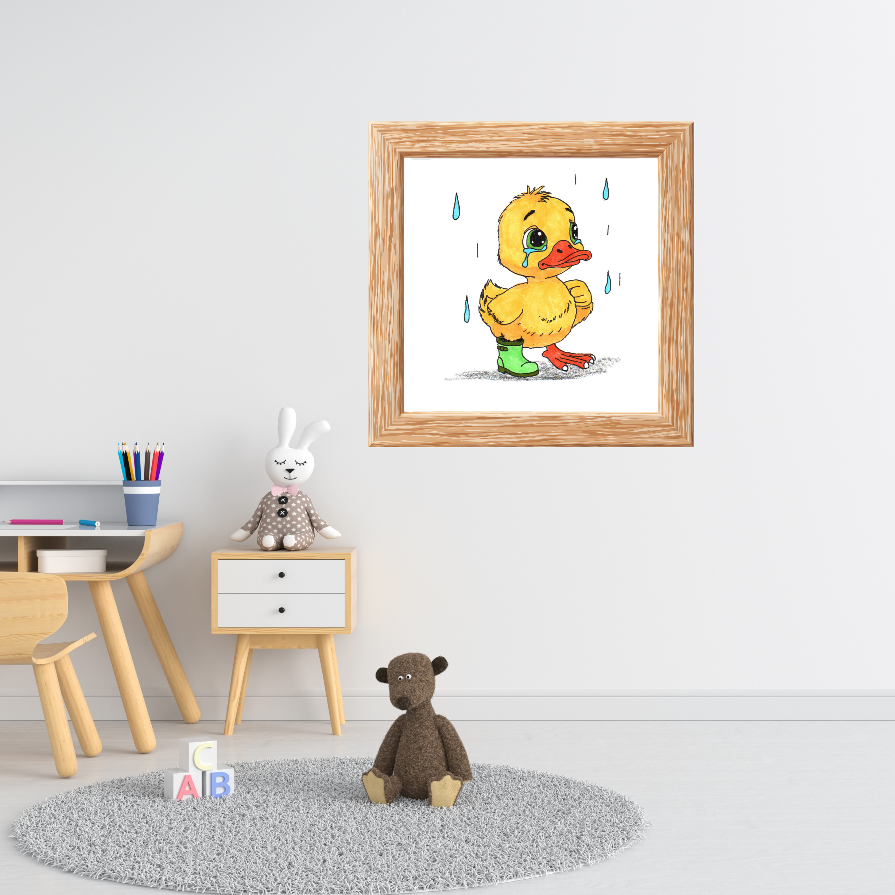 Sad Duck Lost Her Rain Boot Print, Hand Drawn Duckling Wall Art, Nursery Decor, Woodland Critter Illustration