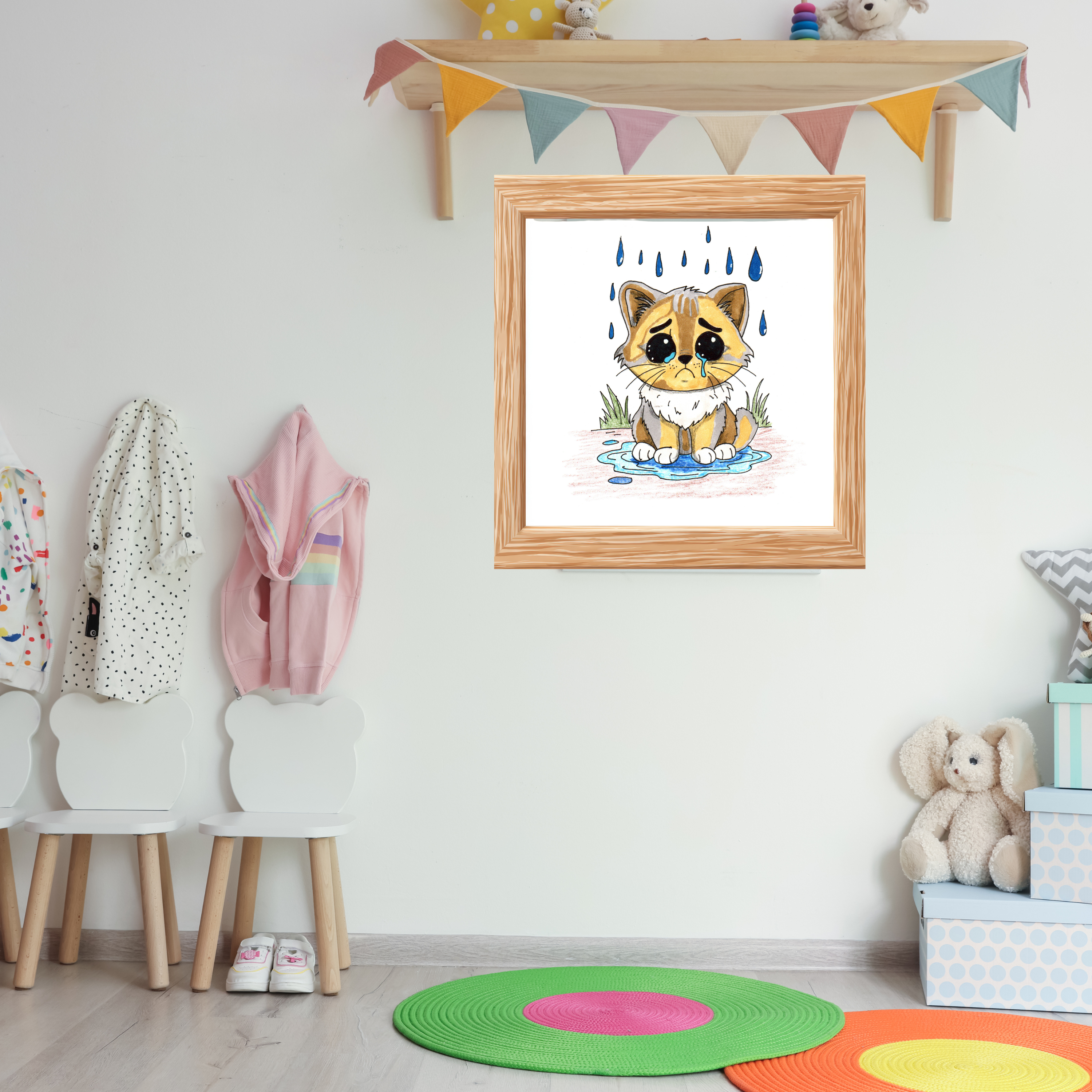 Sad Wet Calico Cat Print, Hand Drawn Kitten Wall Art, Rainy Day Cat Illustration, Nursery Decor, Animal Lover Gift