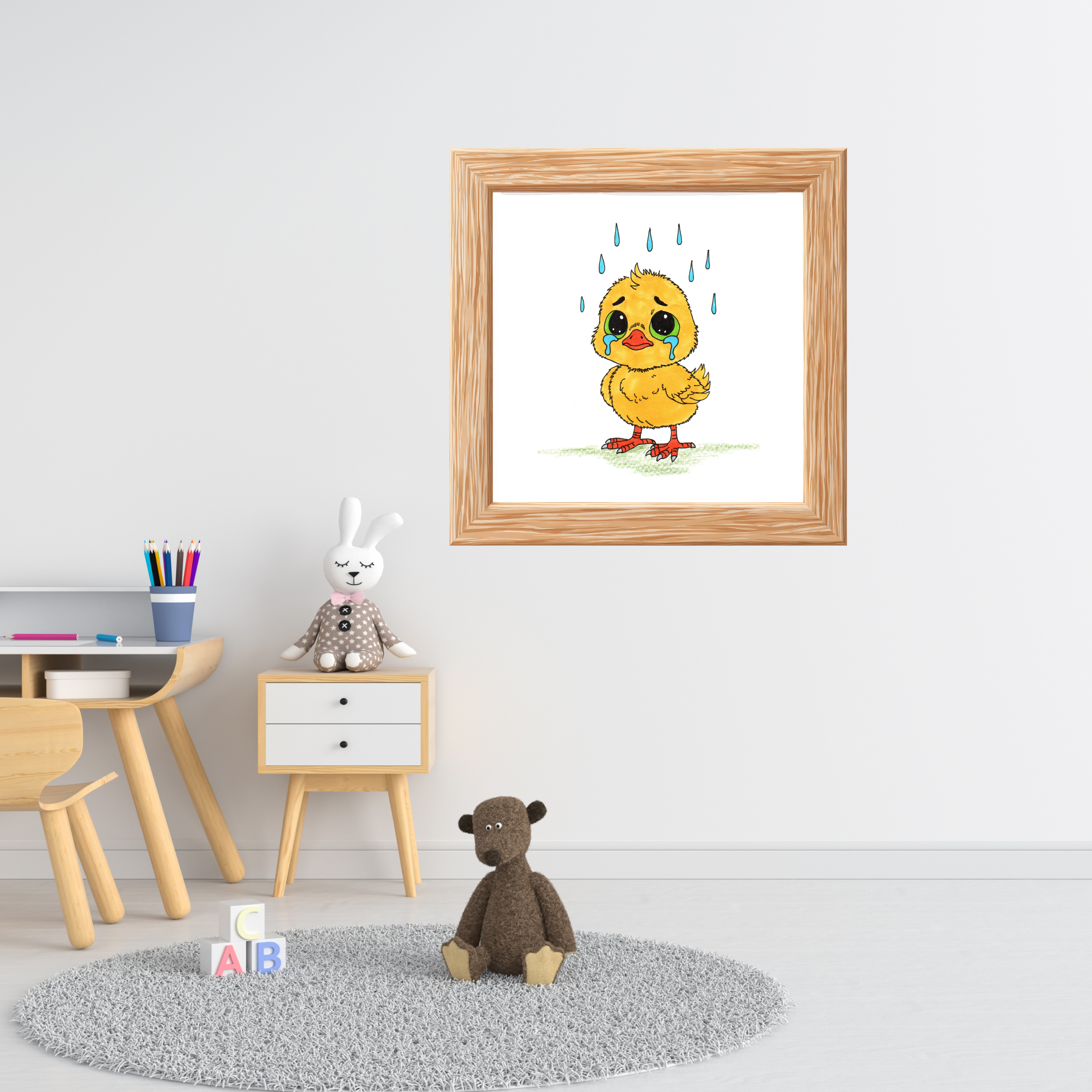 Sad Chick in the Rain Print, Hand Drawn Baby Bird Wall Art, Nursery Decor, Emotional Animal Illustration, Kids Room Artwork