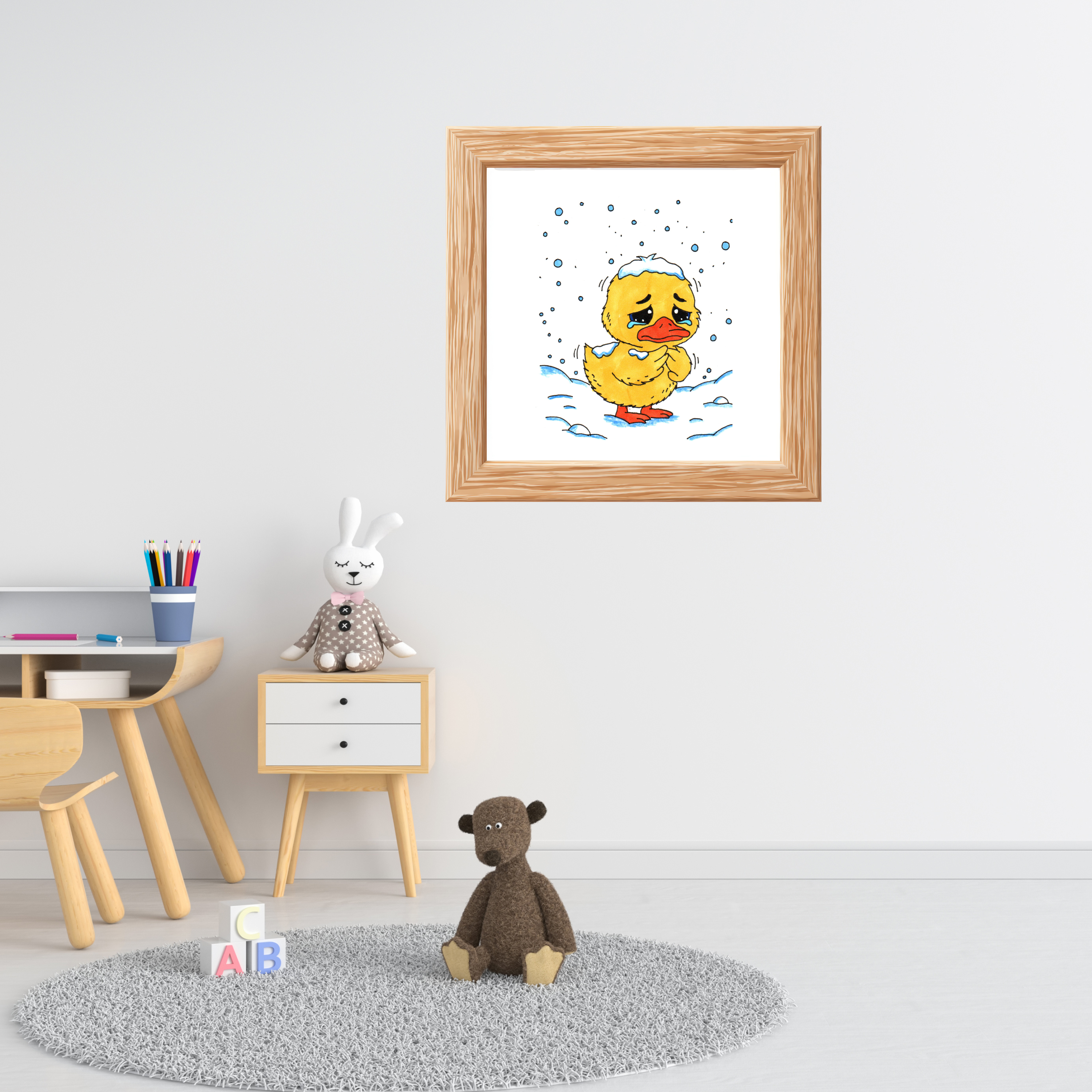 Cold Duckling in the Snow Print, Sad Winter Duck Wall Art, Hand Drawn Nursery Decor, Whimsical Animal Illustration