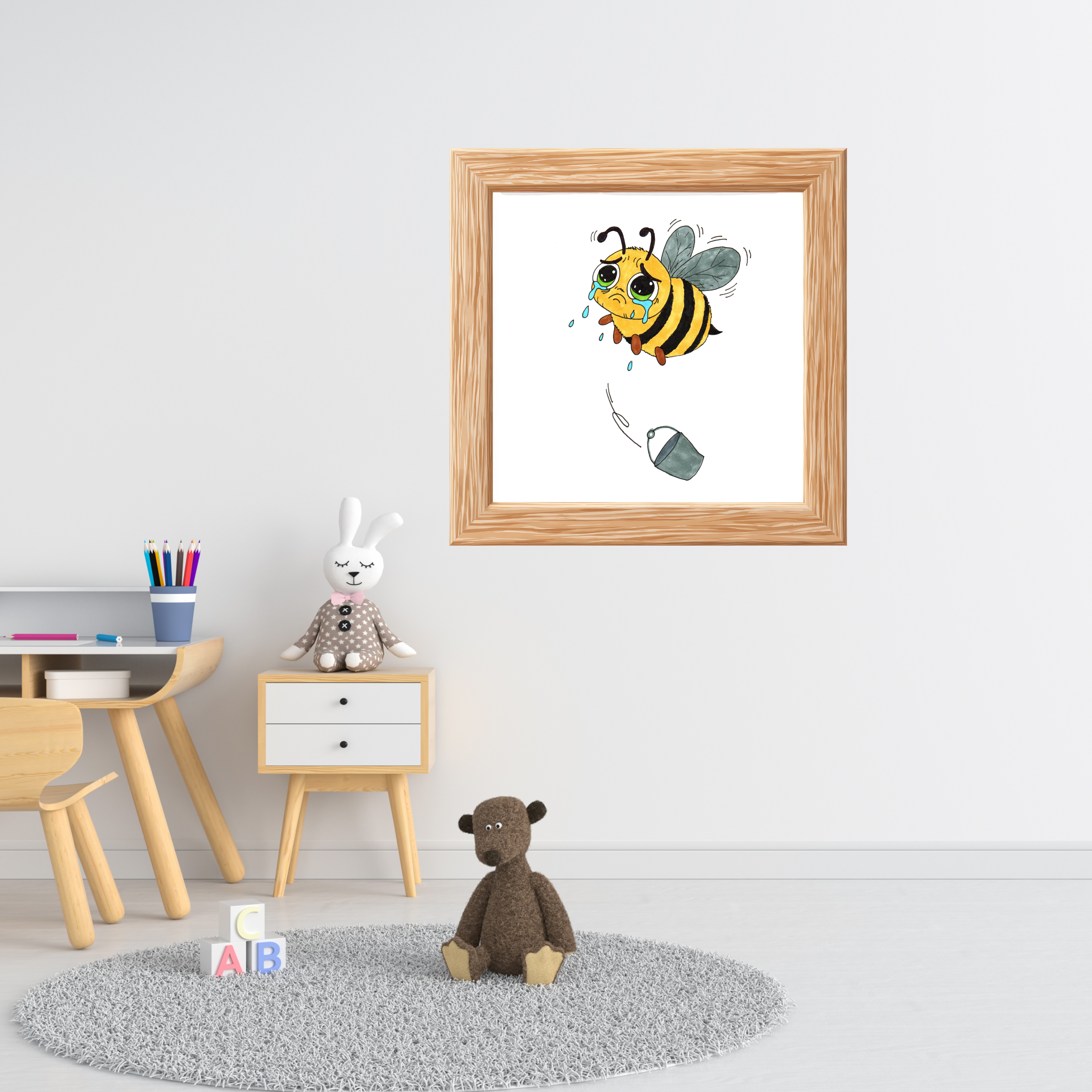 Bee Lost Her Bucket Print, Sad Bumblebee Wall Art, Hand Drawn Bee Illustration, Whimsical Insect Decor, Nursery Art, Lost and Found Critters