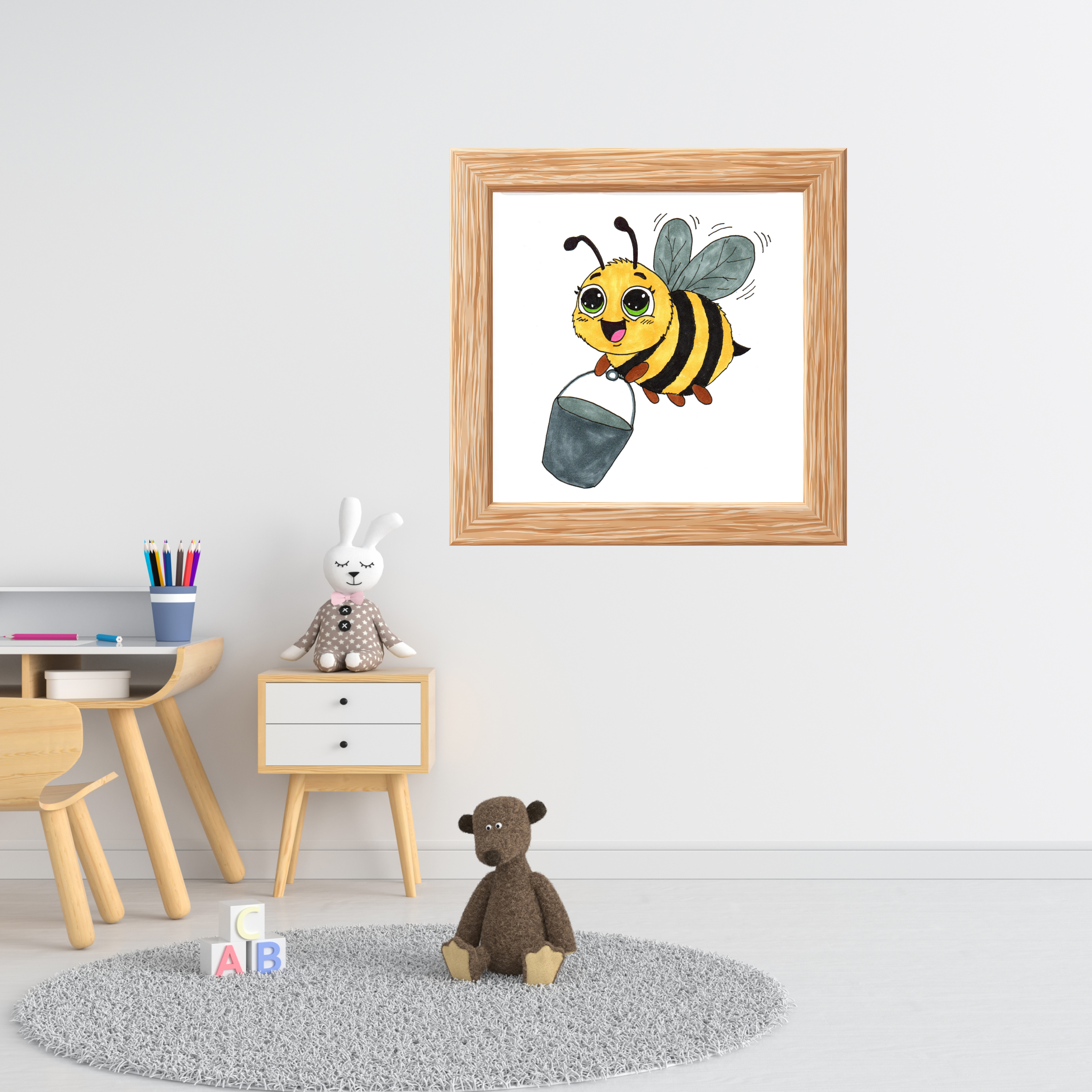Bee Found Her Bucket Print, Hand Drawn Bee Illustration, Whimsical Insect Decor, Nursery Art, Lost and Found Critters