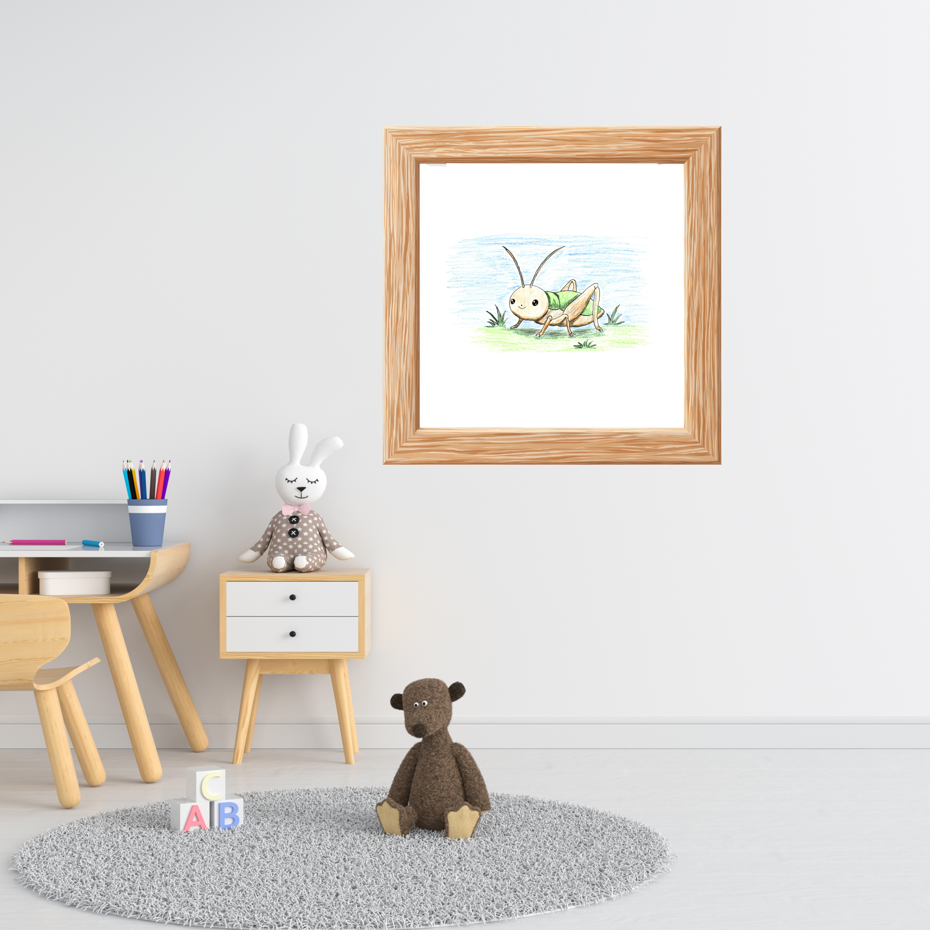 Smiling Cricket in Field Print, Hand Drawn Cricket Wall Art, Nature Nursery Decor, Whimsical Cricket Artwork, 8x10 Print