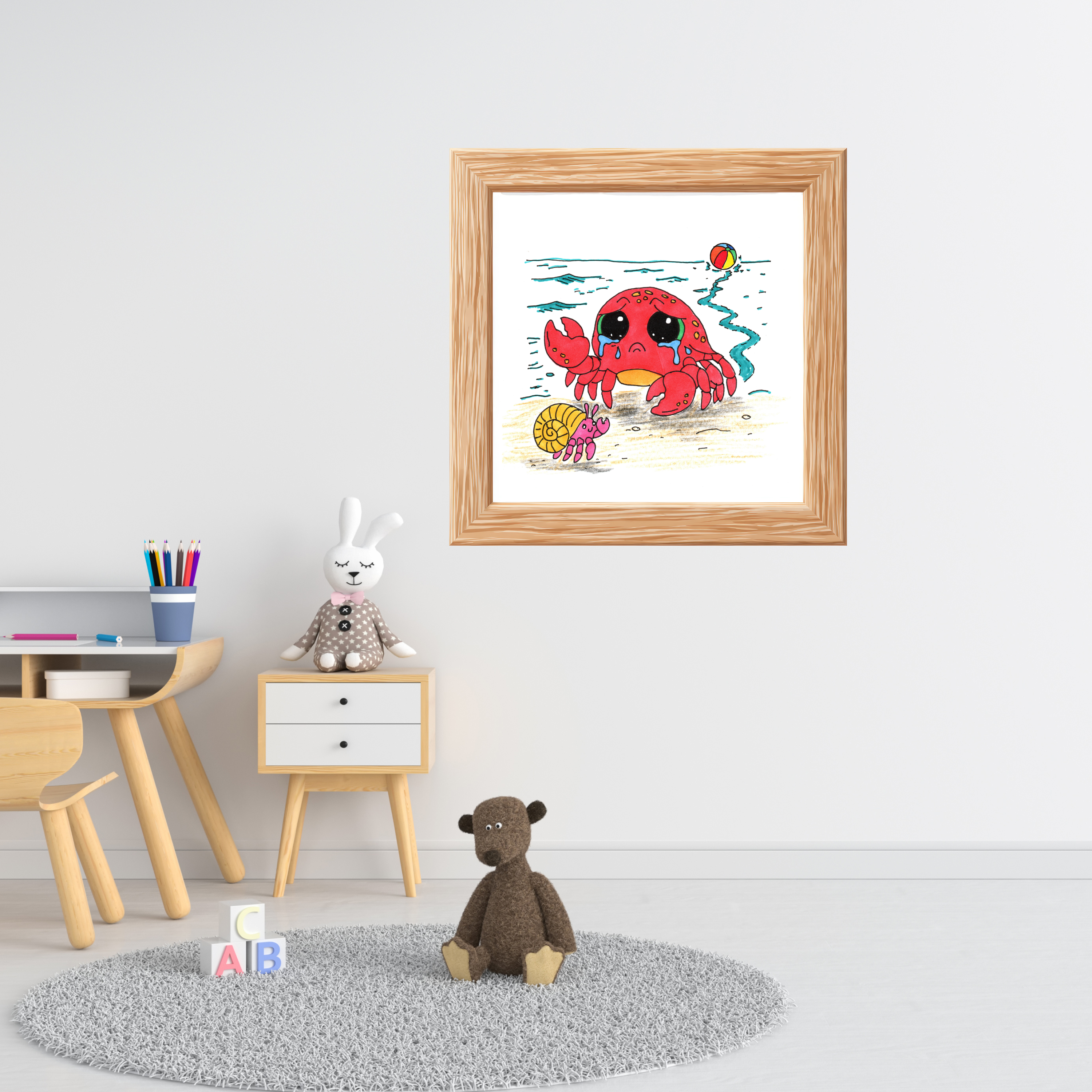 Crab - Sad Crab Finds a New Friend Print, Hand Drawn Crab Wall Art, Beach Friendship Decor, Whimsical Ocean Animal Illustration