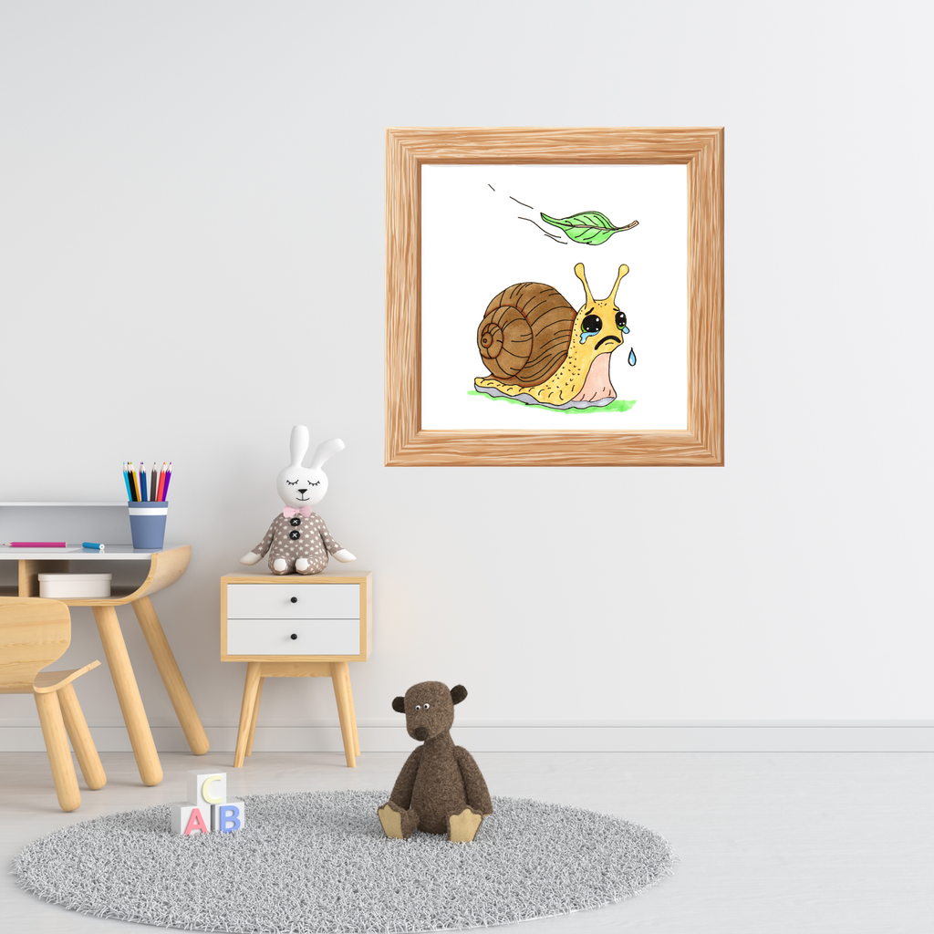 Sad Snail Lost Her Leaf Print, Hand Drawn Snail Wall Art, Whimsical Garden Decor, Cute Nature Illustration, Lost & Found Critter