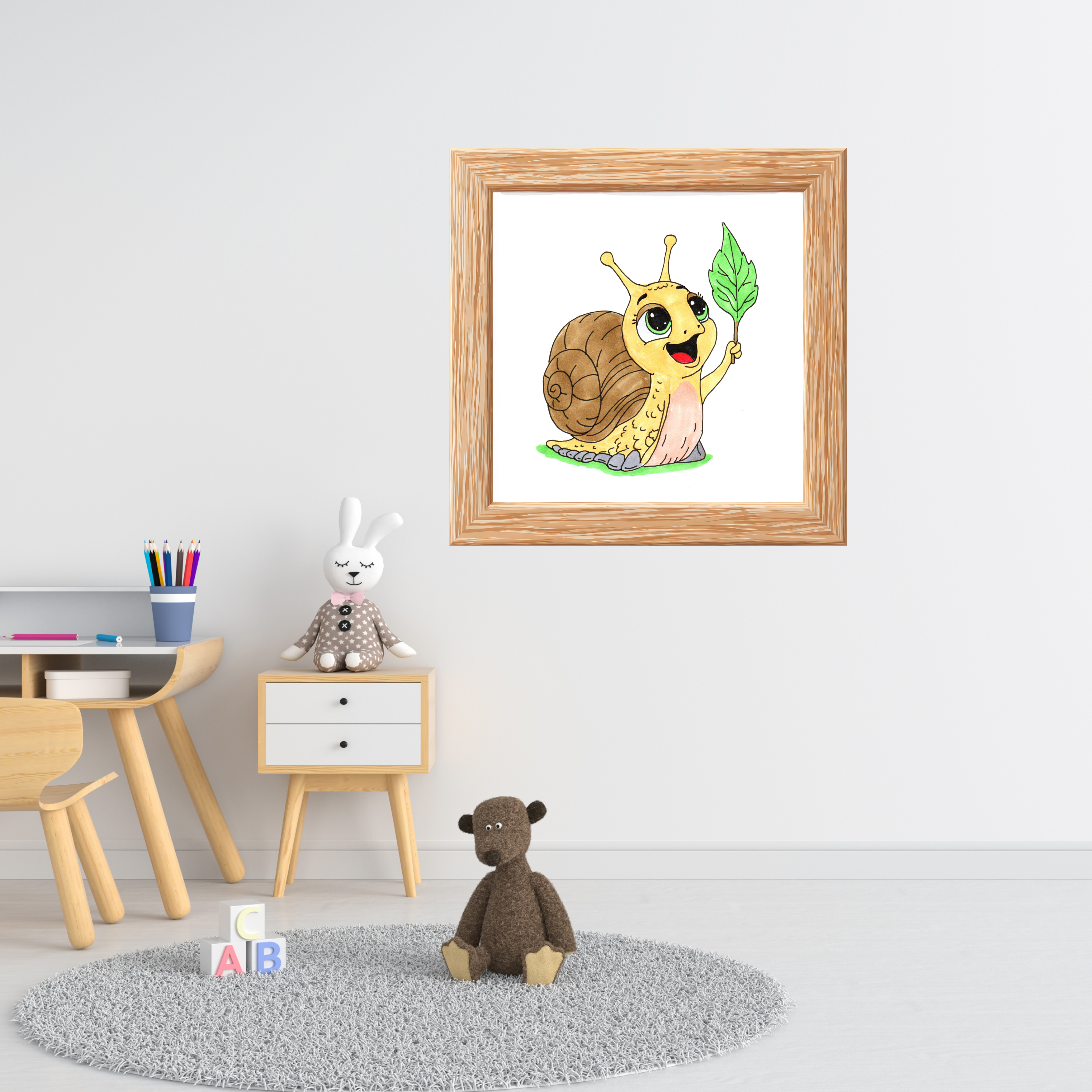 Happy Snail Found Her Leaf Print, Hand Drawn Snail Wall Art, Cute Garden Decor, Whimsical Nature Illustration, Lost & Found Critter