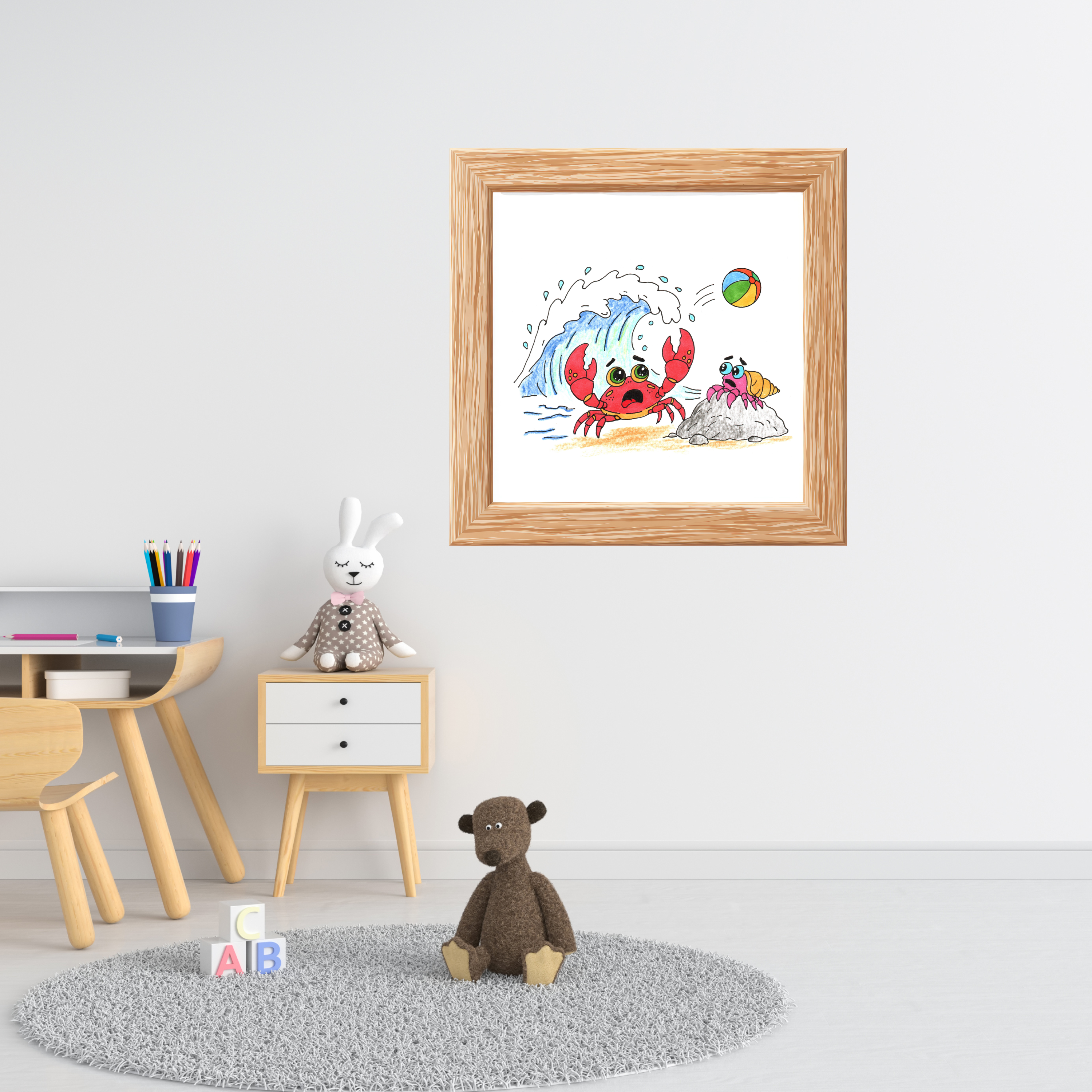 Crab - Big Wave Beach Print, Hand Drawn Crab Wall Art, Ocean Adventure Illustration, Coastal Nursery Decor