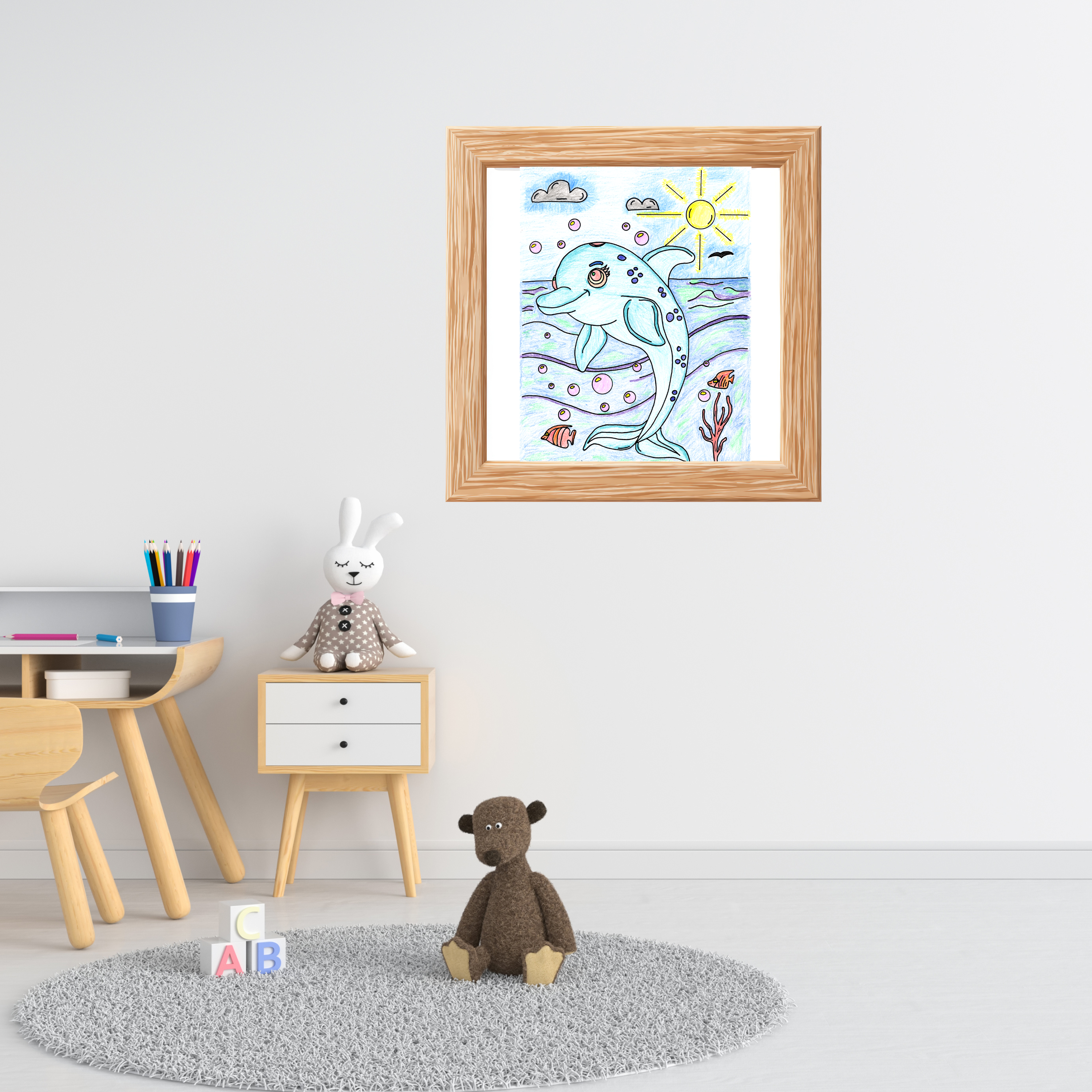 Happy Dolphin Ocean Print, Hand Drawn Sea Animal Wall Art, Cute Dolphin Illustration, Beach Nursery Decor, Children's Room Artwork