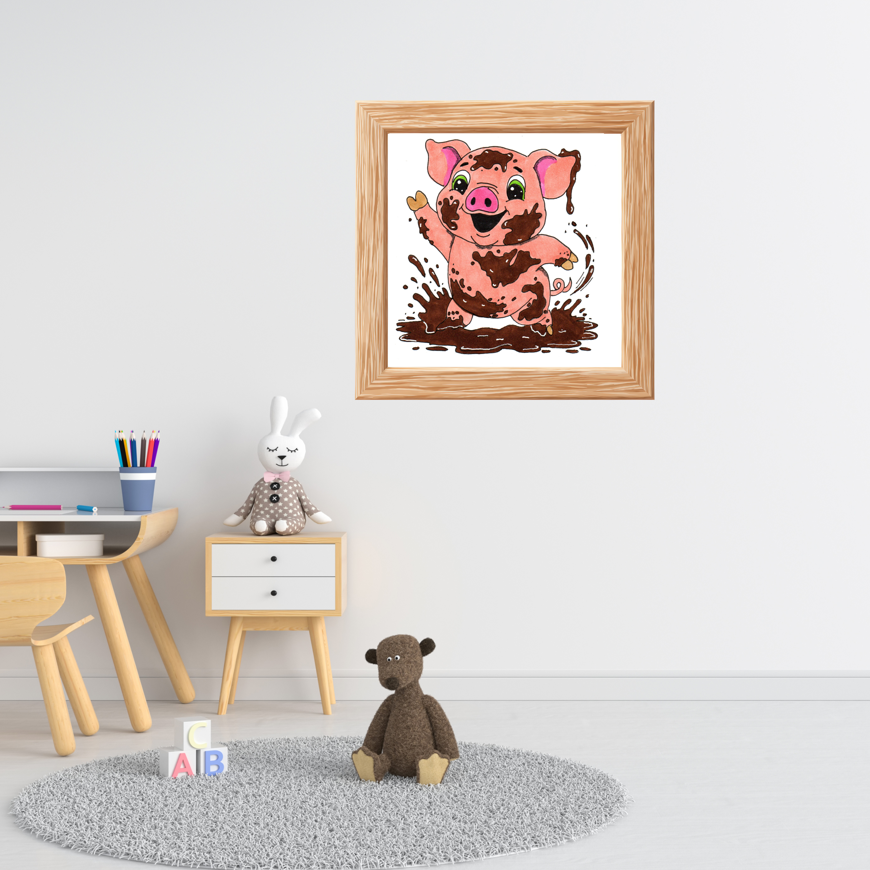 Hand Drawn Pig Found Mud Print, Cute Farm Animal Wall Art, Happy Pig Illustration, Nursery Decor, 8x10 Children's Room Art