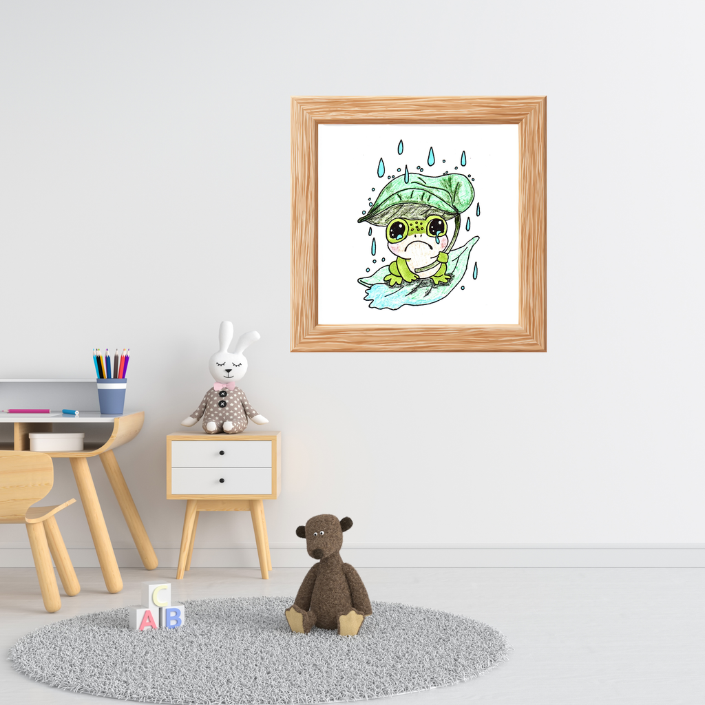 Sad Frog with Leaf Umbrella Print, Hand Drawn Frog Wall Art, Rainy Day Nursery Decor, Whimsical Frog Illustration