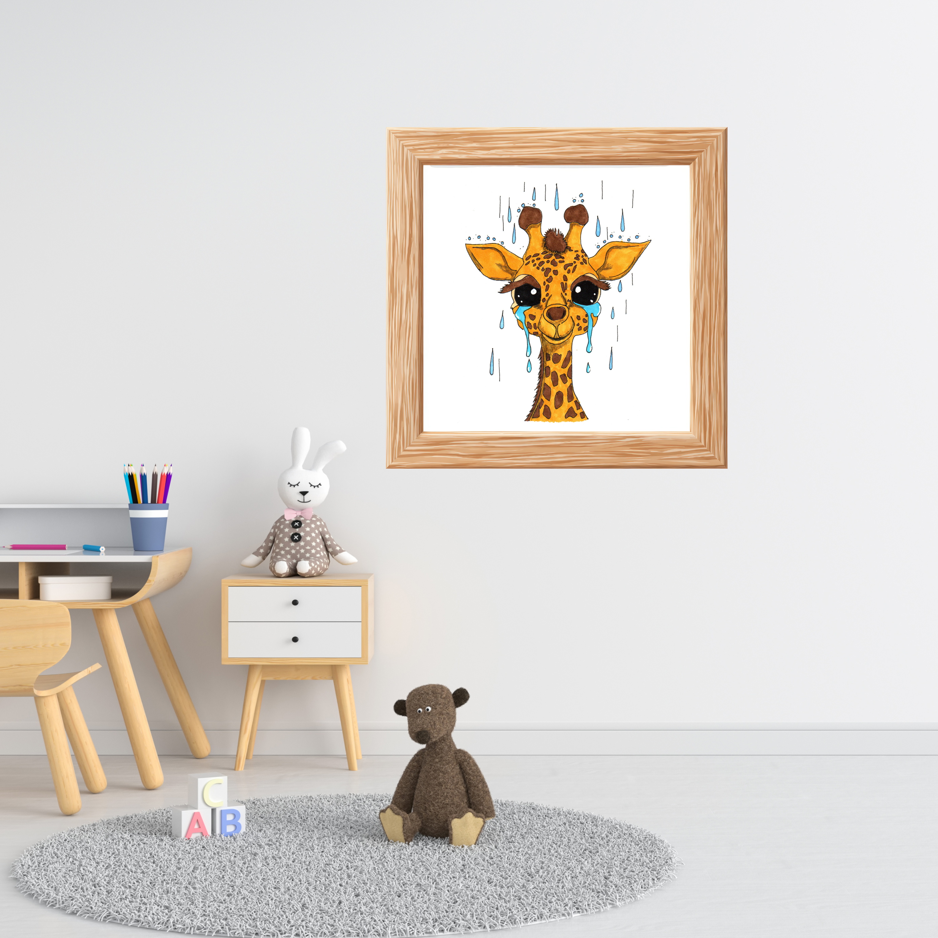 Sad Giraffe in the Rain Poster, Nursery Wall Art, Cute Animal Illustration Print