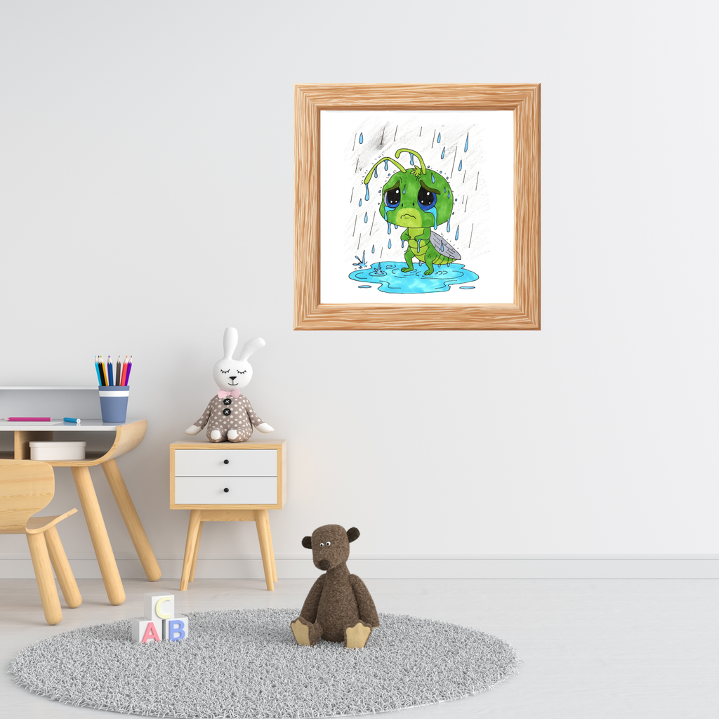 Sad Grasshopper Rain Print | Hand Drawn Nature Wall Art | Emotional Insect Illustration | Whimsical Woodland Decor | 8x10 Art Print | 8 X 10