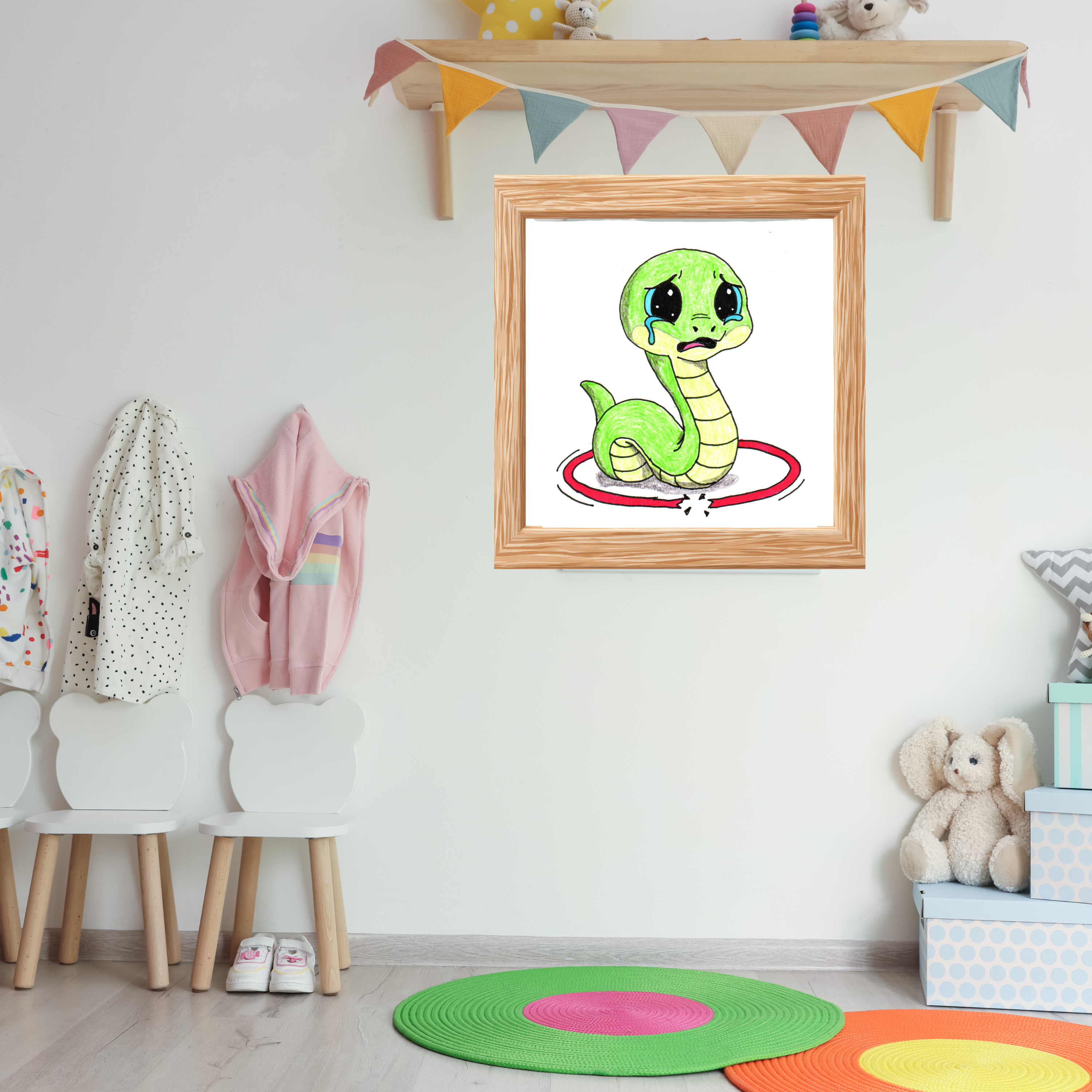 Snake Lost Her Hula Hoop | Hand Drawn Snake Art Print | Cute Sad Snake Wall Decor