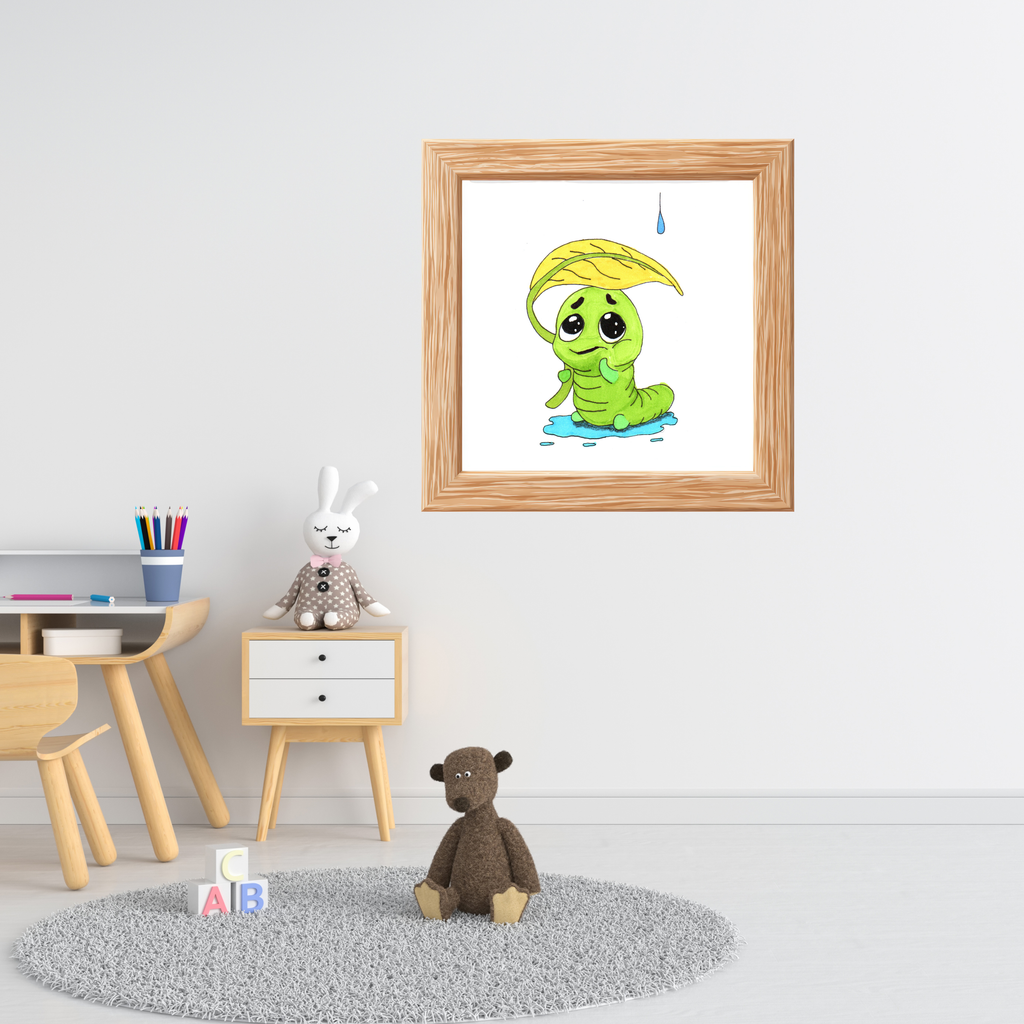 Leaf Umbrella Inchworm Pondering Print, Hand Drawn Rain Critter Art,