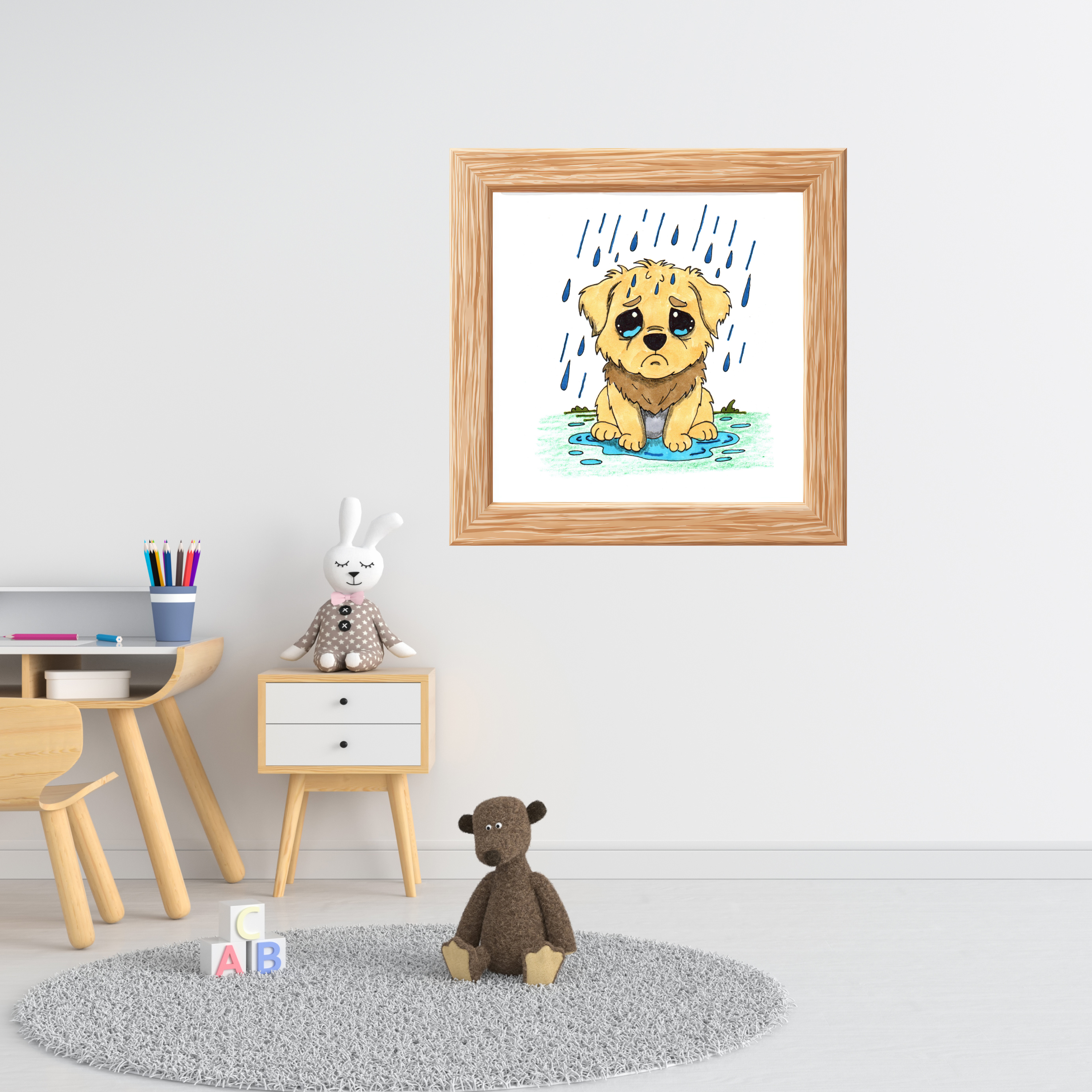 Sad Puppy in the Rain Art Print | Hand Drawn Puppy Wall Decor | Emotional Animal Artwork | Lost & Found Critter Poster