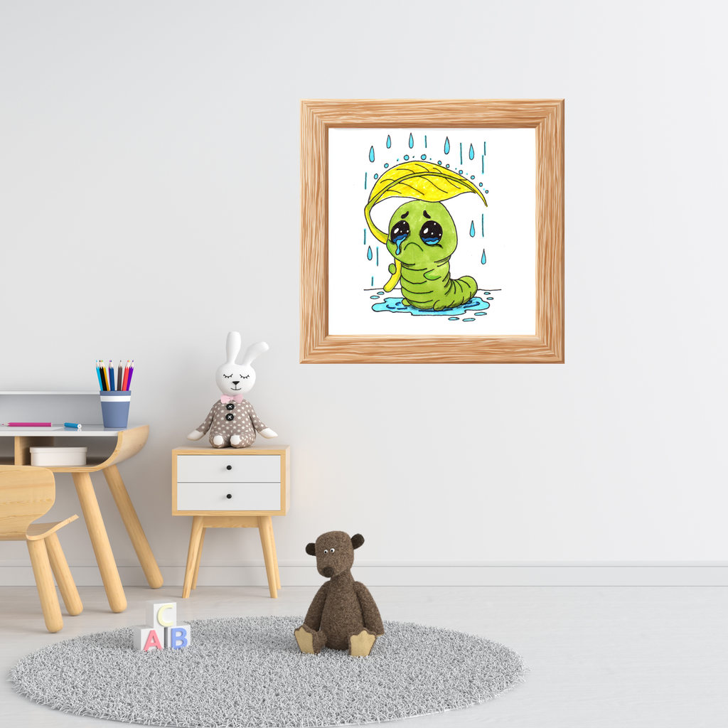Sad Inchworm Rain Print, Hand Drawn Caterpillar Nursery Wall Art