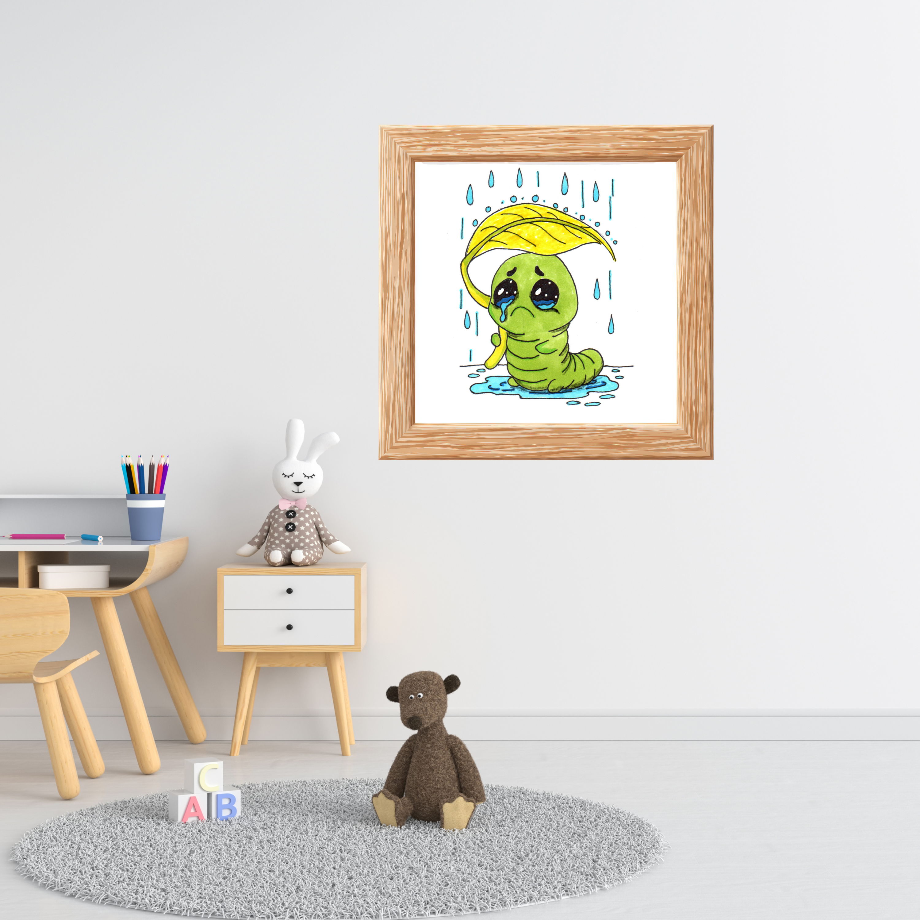 Sad Inchworm Rain Print, Hand Drawn Caterpillar Nursery Wall Art