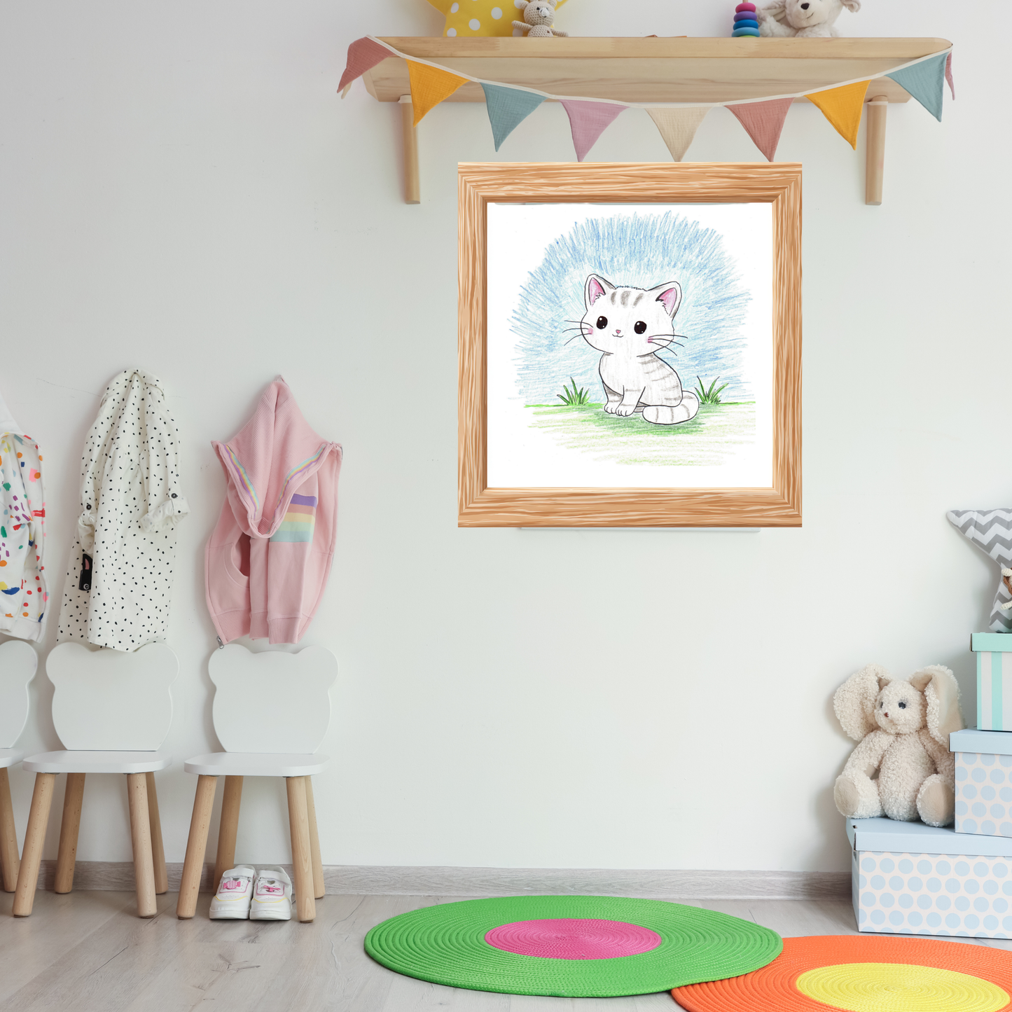 Cute Sitting Kitten Print, Hand Drawn Cat Wall Art, Nursery Decor, Whimsical Kitty Illustration