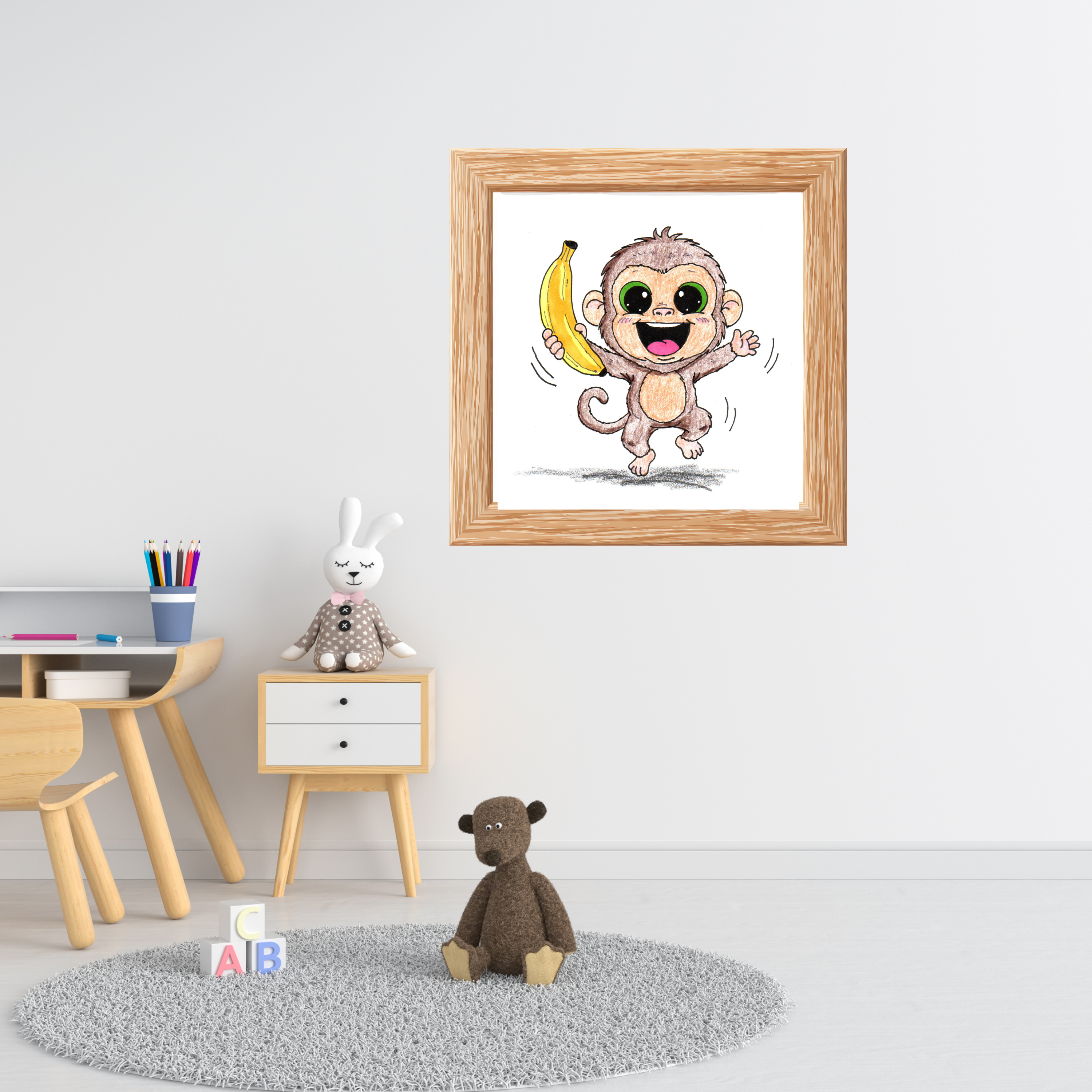 Happy Monkey With Banana Print | Cute Monkey Wall Art | Lost & Found Critter Illustration