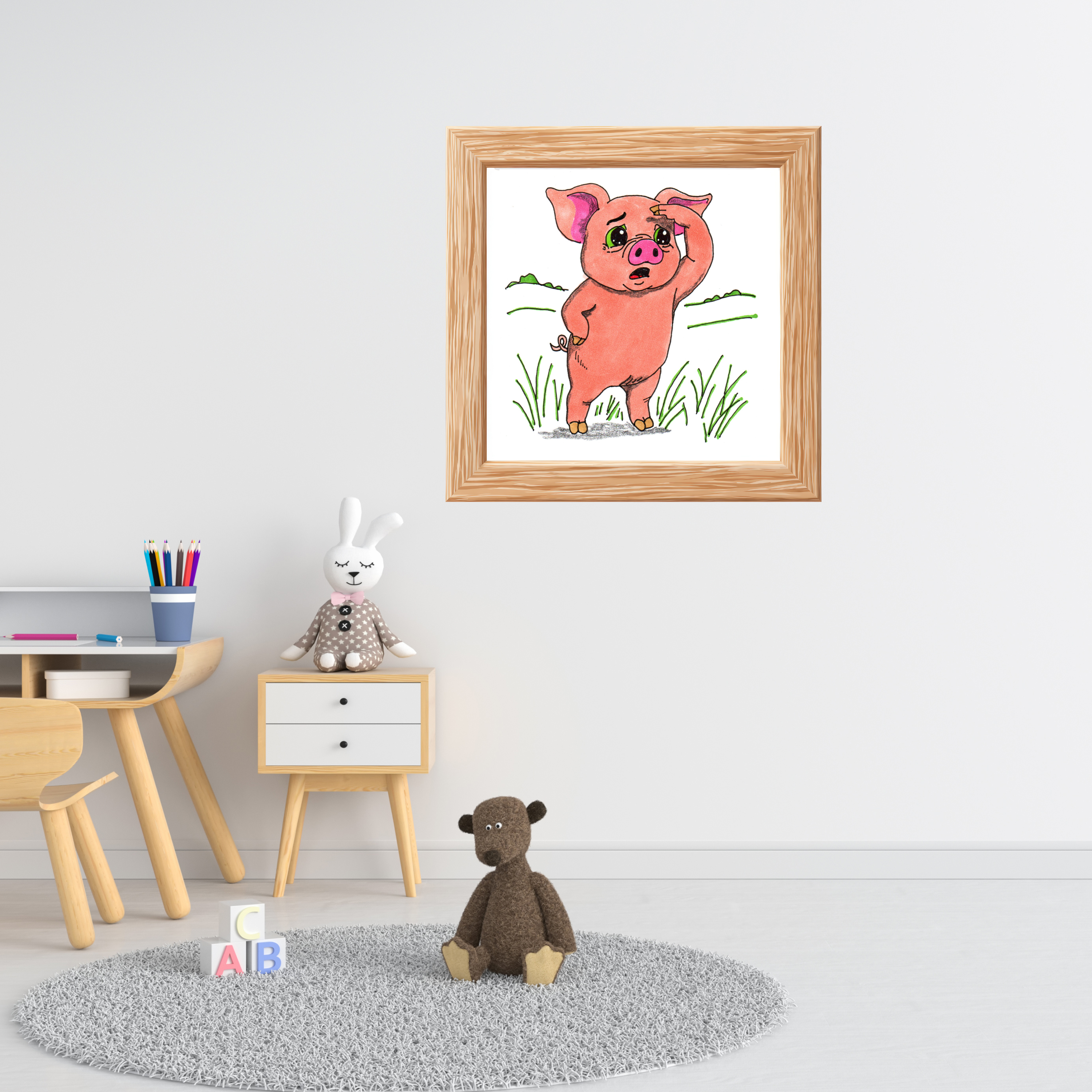 Hand Drawn Pig Looking for Mud Print, Cute Farm Animal Wall Art, Nursery Decor, Pig Illustration, 8x10 Children's Room Art