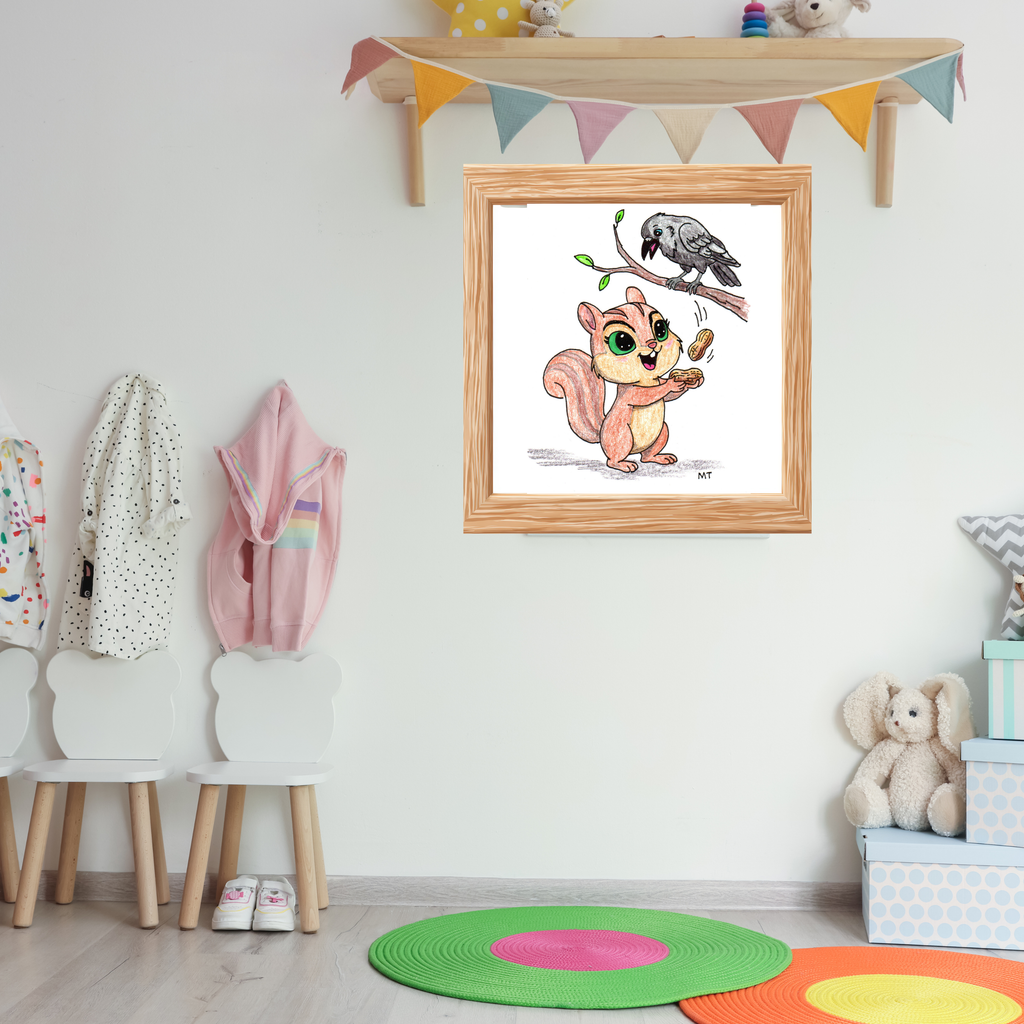 Happy Chipmunk and Crow Peanut Print | Woodland Animal Wall Art