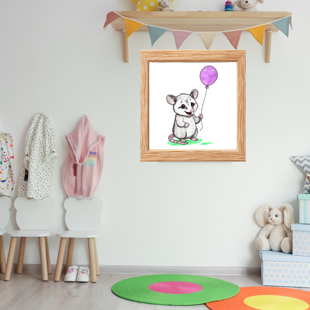Opossum Found a Balloon Print | Hand Drawn Woodland Animal Wall Art