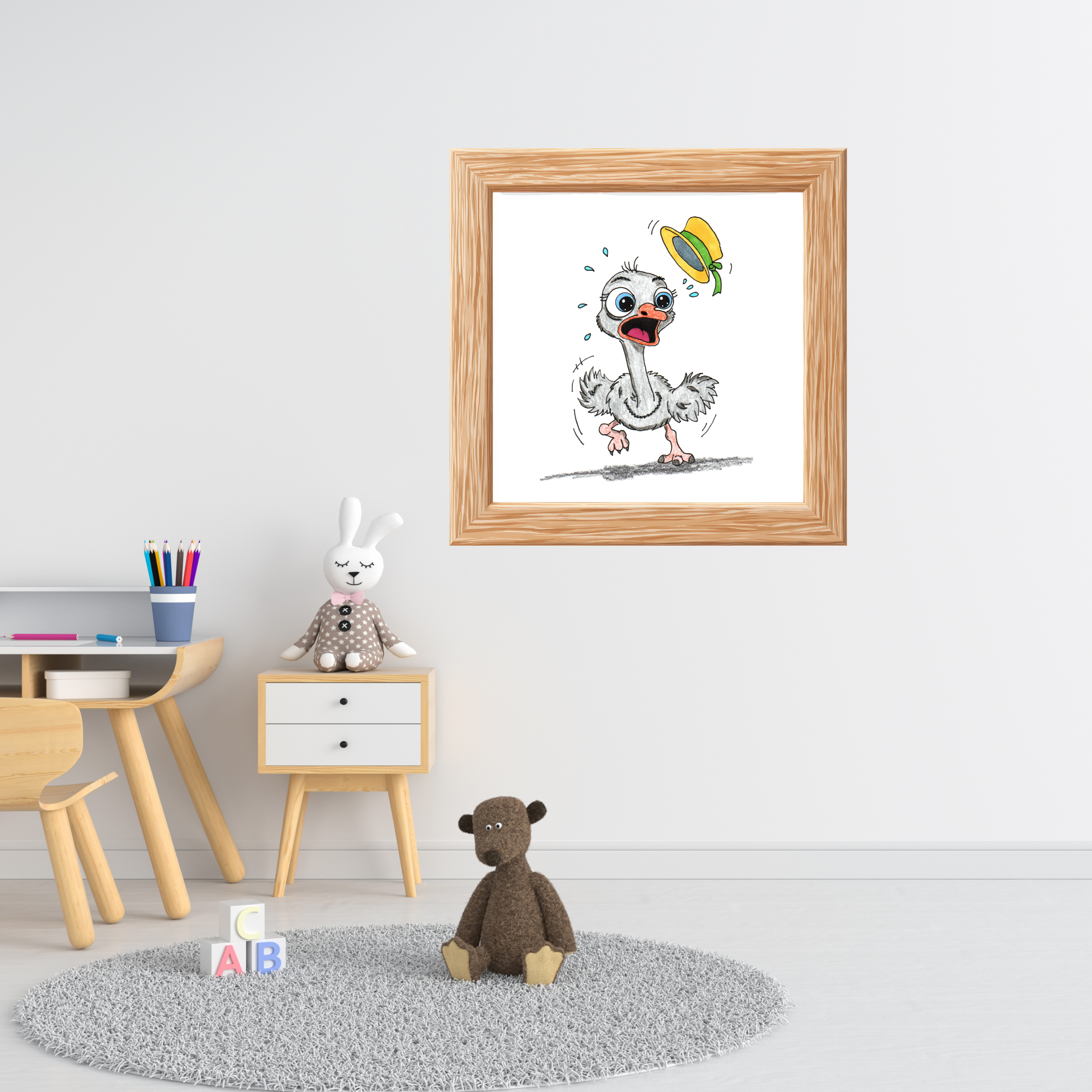 Lost Hat Ostrich Print | Funny Bird Wall Art | Hand Drawn Ostrich Illustration