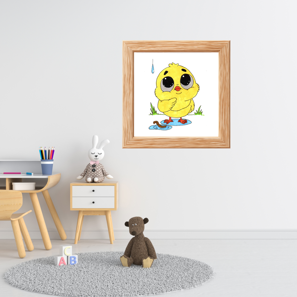 Pondering Chick in the Rain Poster, Nursery Wall Art, Cute Animal Illustration Print