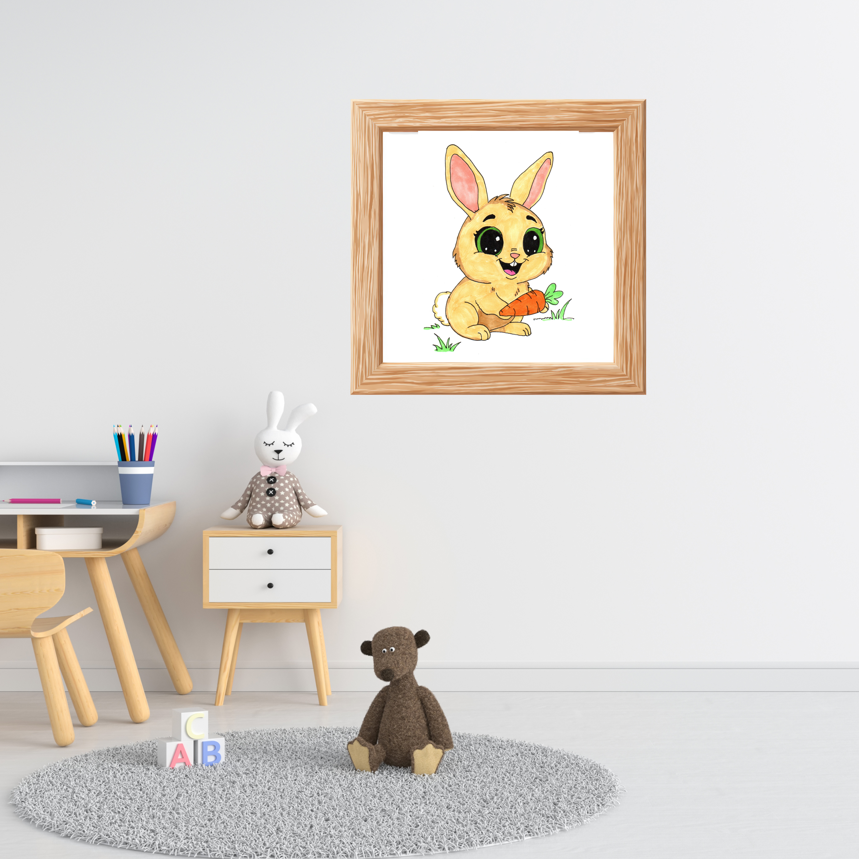 Happy Rabbit with Carrot Print, Cute Bunny Wall Art, Hand Drawn Nursery Decor