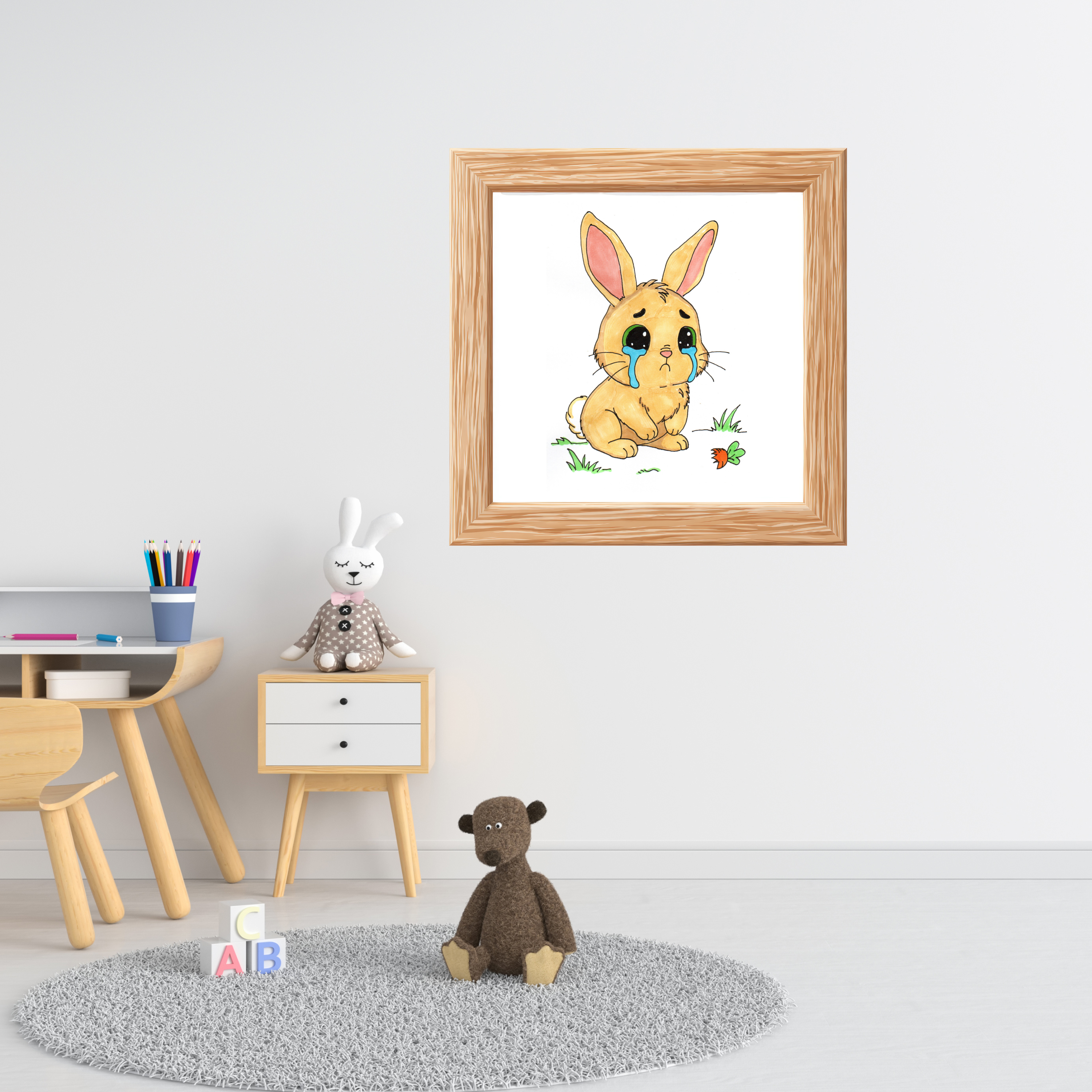 Sad Rabbit ate her last carrot, Poster, Nursery Wall Art, Cute Animal Illustration Print