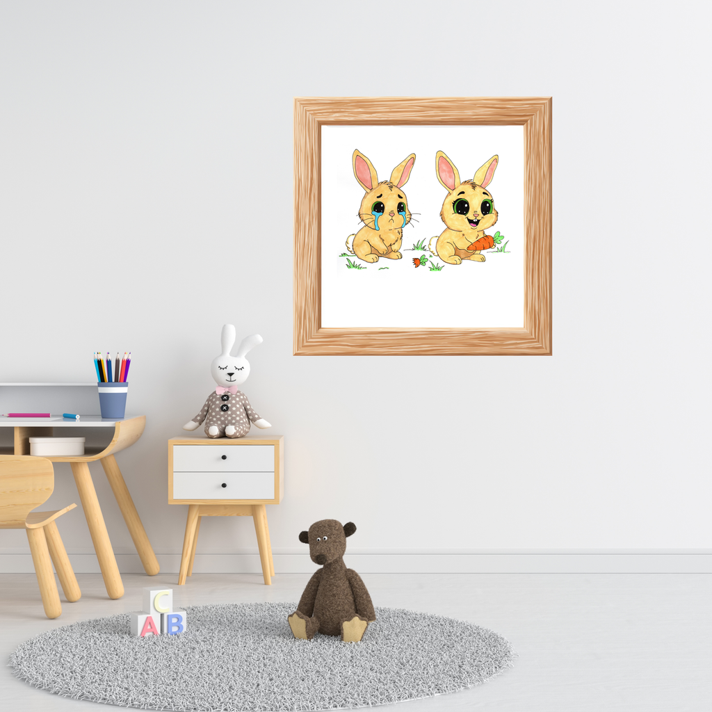 Sad to Happy Rabbit Carrot Story Print, Cute Bunny Wall Art, Hand Drawn Nursery Decor