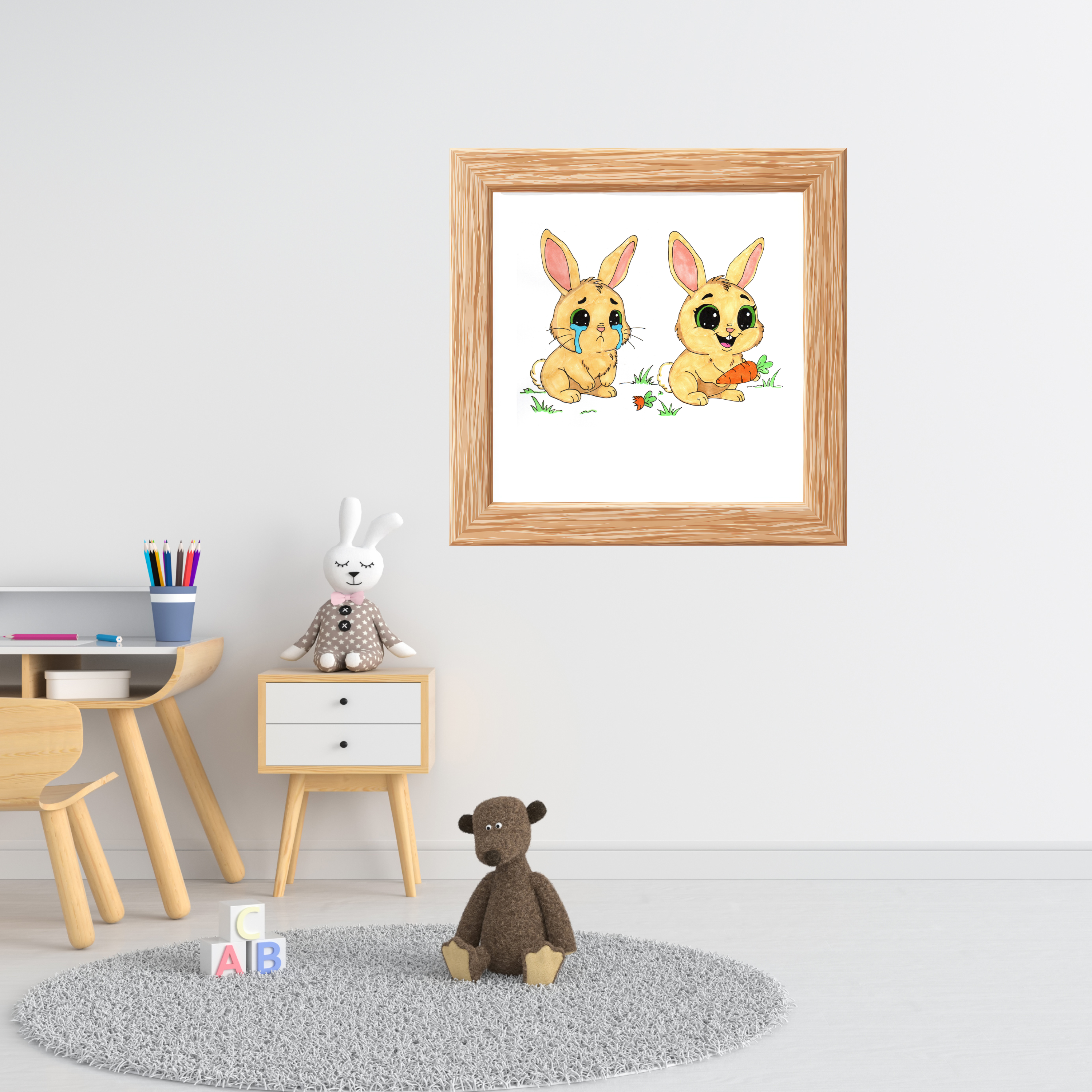 Sad to Happy Rabbit Carrot Story Print, Cute Bunny Wall Art, Hand Drawn Nursery Decor
