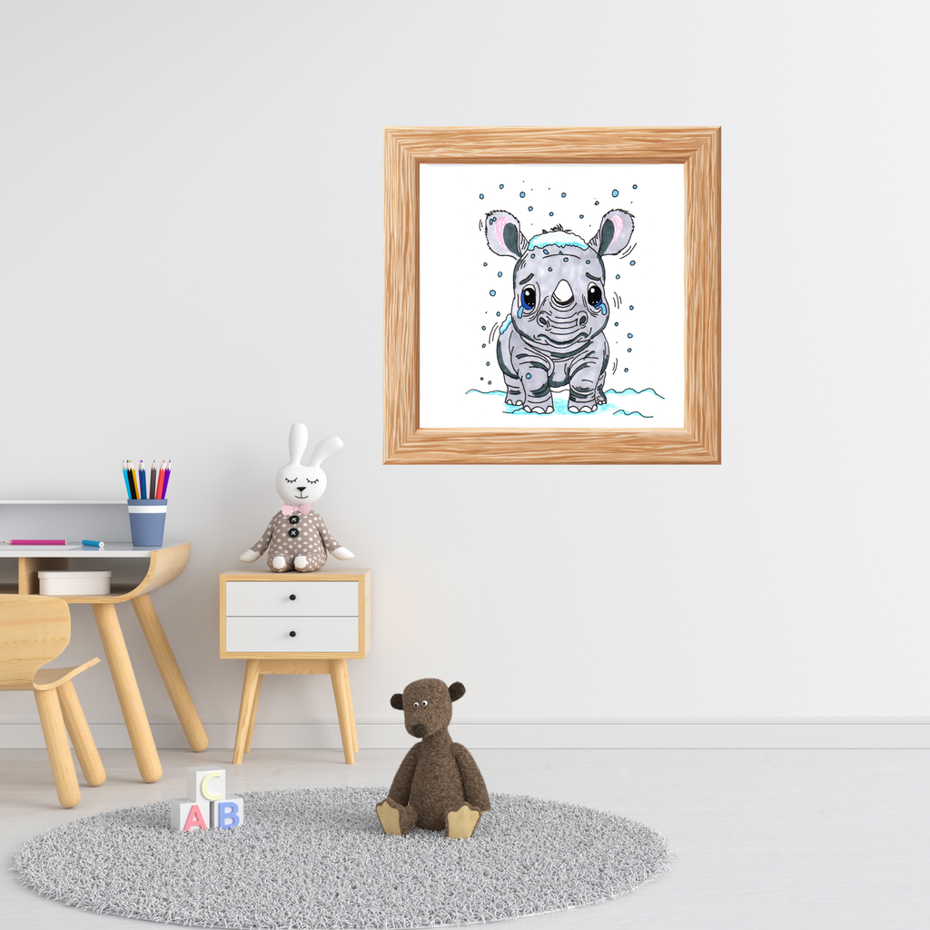 Sad Rhino in the Snow Poster, Nursery Wall Art, Cute Animal Illustration Print