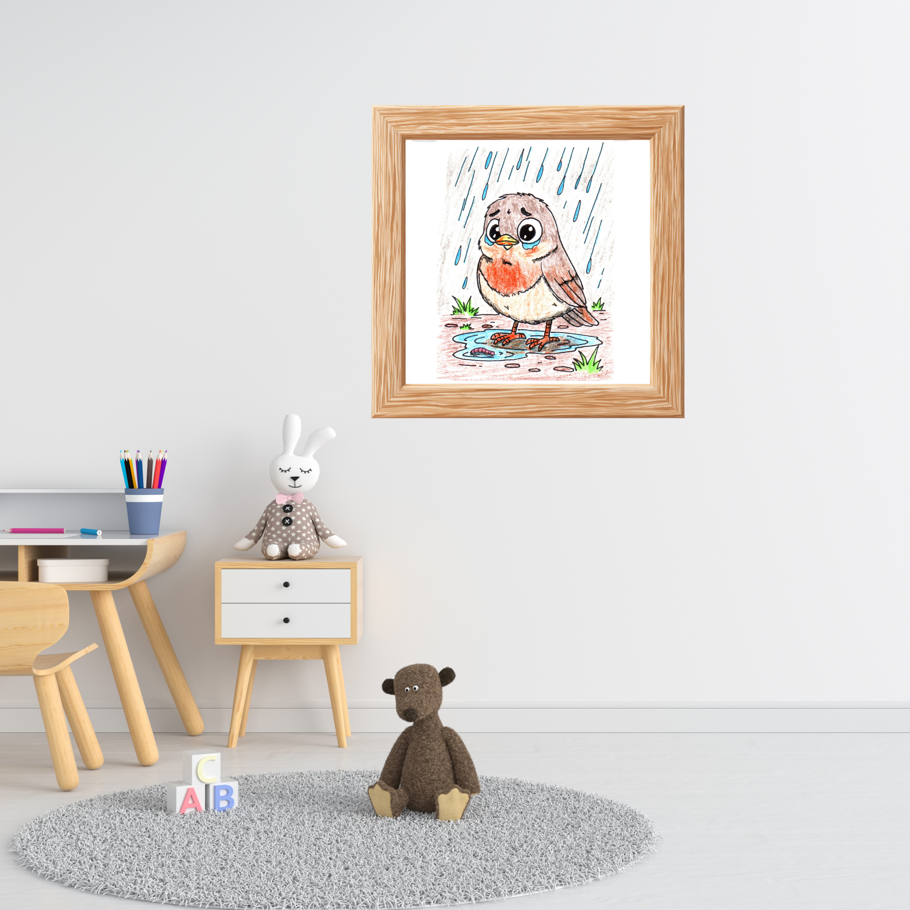 Robin in the Rain Print, Hand Drawn Bird Wall Art, Sad Robin Illustration, Woodland Bird Decor, Nature Nursery Art