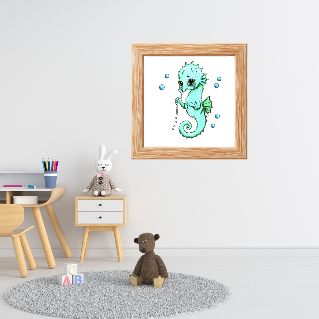 Lost Something Precious? Sad Seahorse Pearl Necklace Art Print | Cute Seahorse Gift