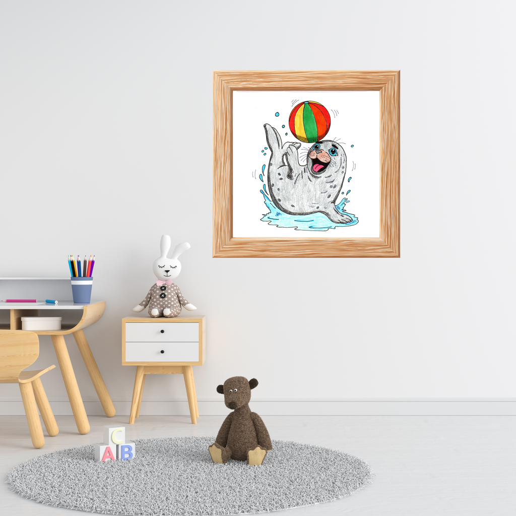 Seal Found Her Beach Ball Print | Hand Drawn Ocean Animal Wall Art | Happy Seal Illustration