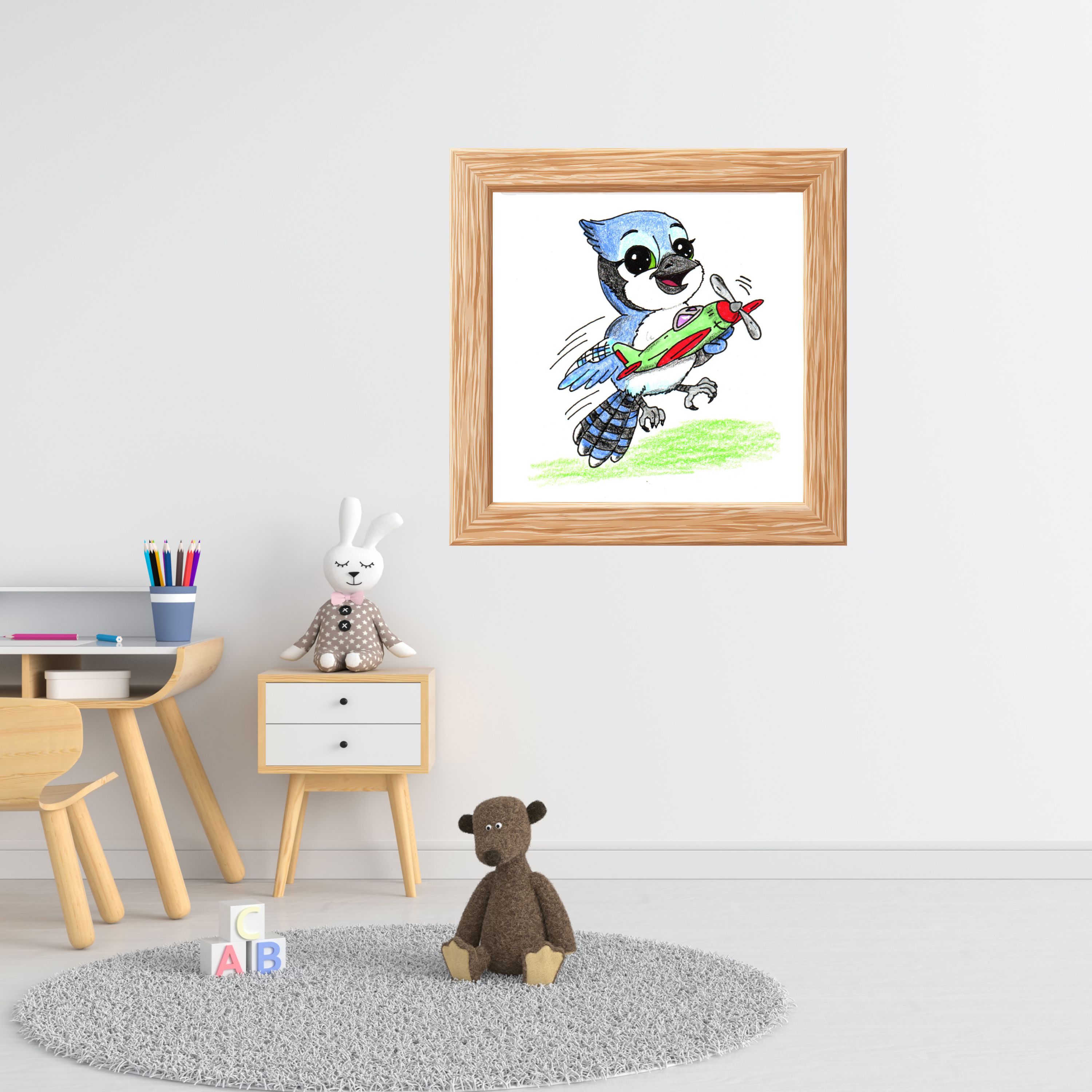 Blue Jay Found a New Airplane | Lost & Found Critters | Hand Drawn Blue Jay Art Print